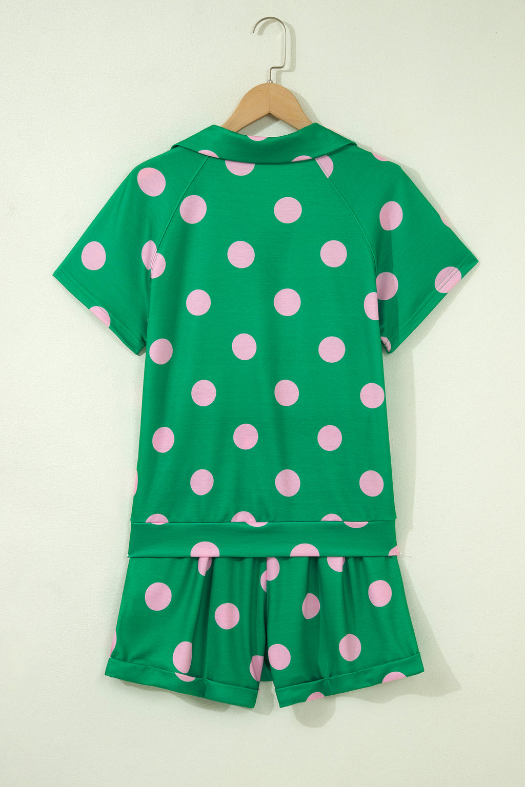 Polka Dot V-Neck Tee & Shorts Co-ord Set | Green, Pink & Beige S-XL
