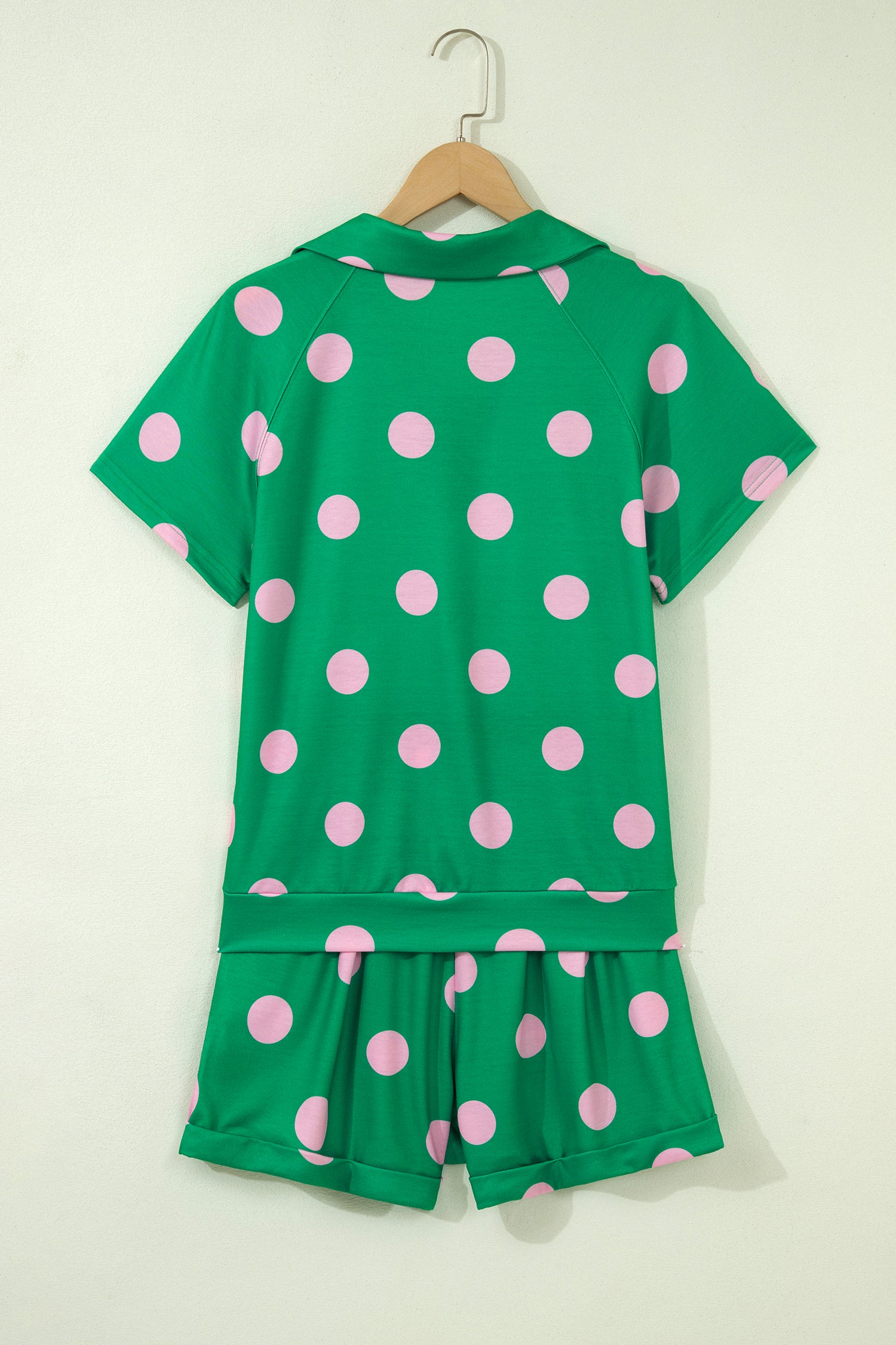 Polka Dot V-Neck Tee & Shorts Co-ord Set | Green, Pink & Beige S-XL