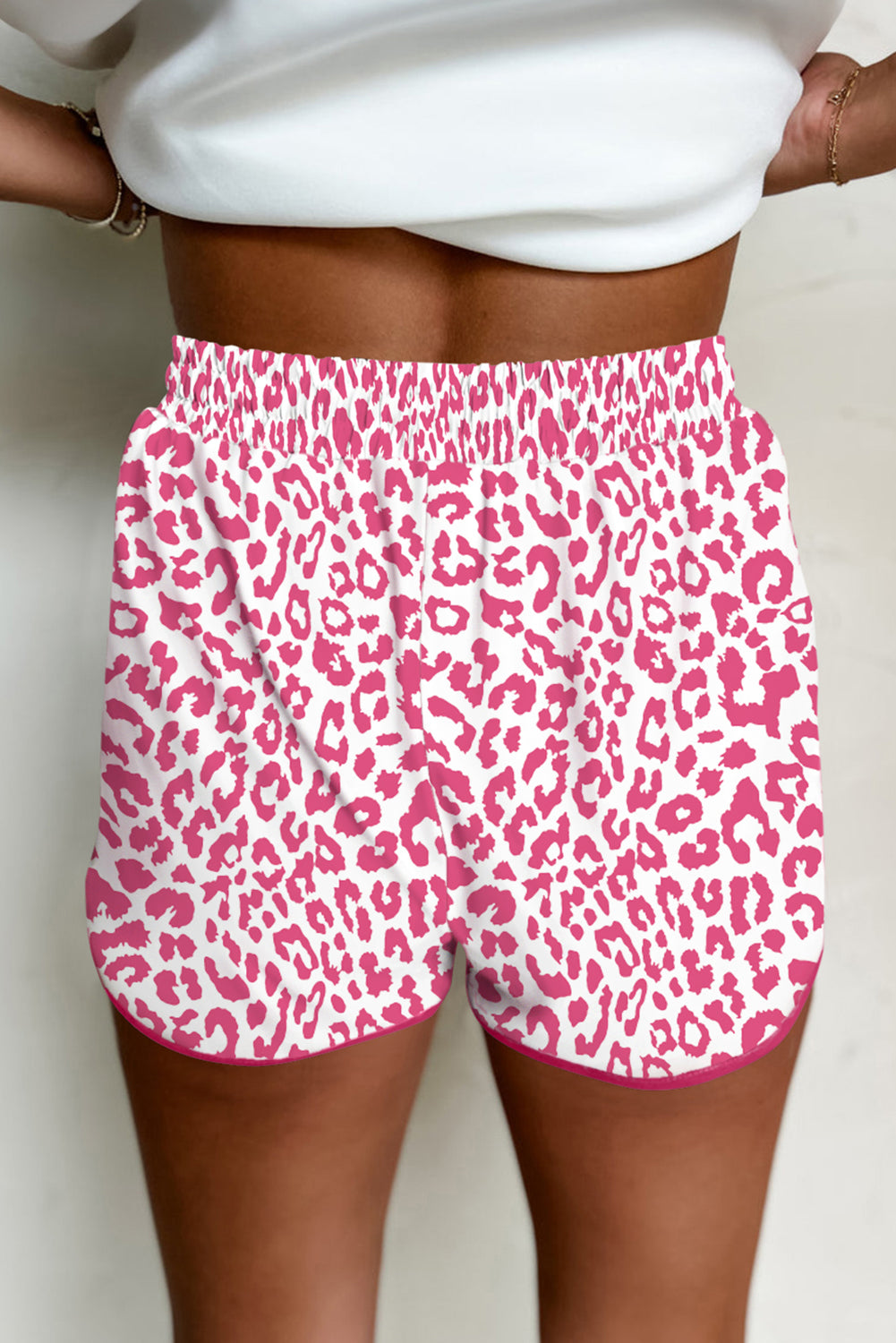 Women's Pink Leopard Elastic Waistband Lace up Contrast Trim Casual Shorts at LivelyLooks