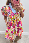 Rose Floral Ricrac Trim Striped Patchwork V Neck Mini Dress S-XL