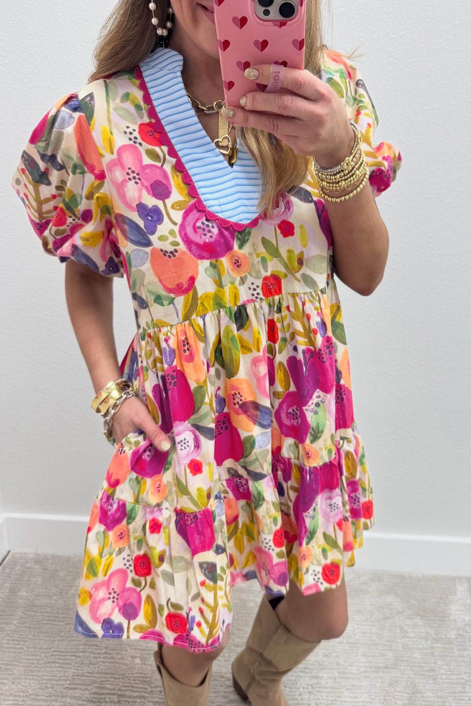 Rose Floral Ricrac Trim Striped Patchwork V Neck Mini Dress S-XL