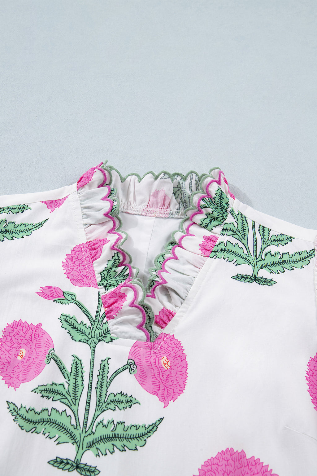 Wild Floral Mini Dress Scalloped Embroidery Trim V Neck Drop Waist White Sky Blue S-XL