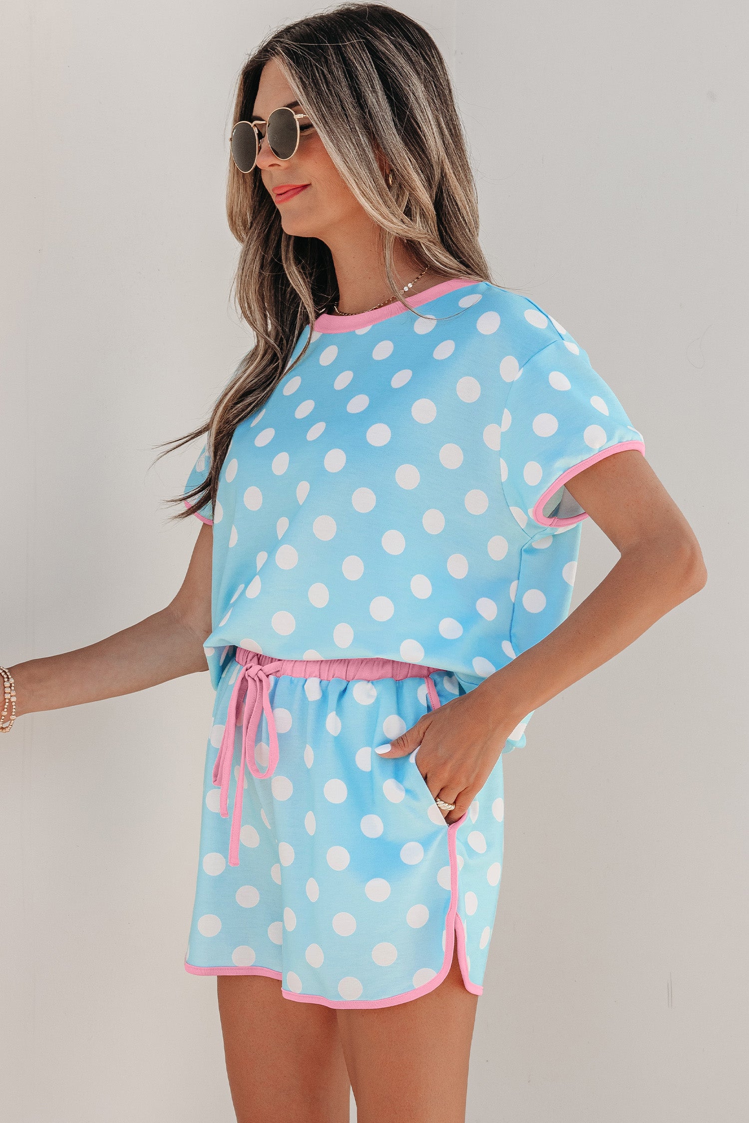 Polka Dot Contrast Edge Casual Short Set Pink Sky Blue Women S-XL