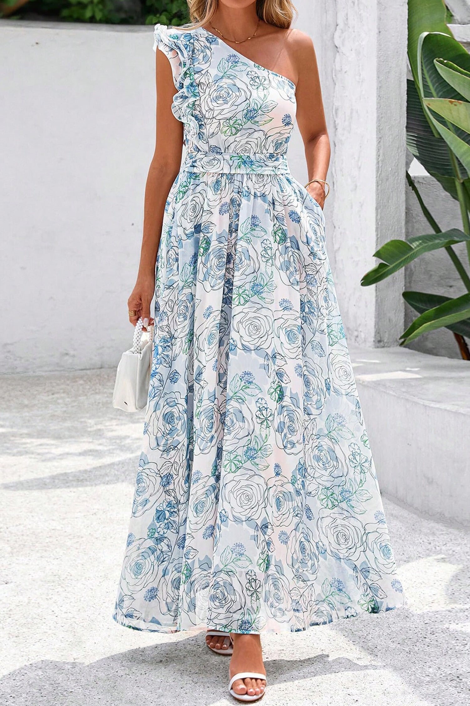 Sky Blue Floral One Shoulder Maxi Dress | Ruffle Sleeveless with Pockets