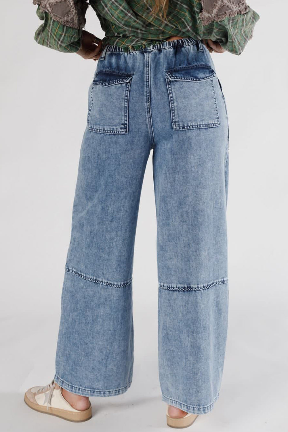 Shop Ashleigh Blue Acid Wash Exposed Seam Drawstring Elastic Waist Barrel Jeans at LivelyLooks