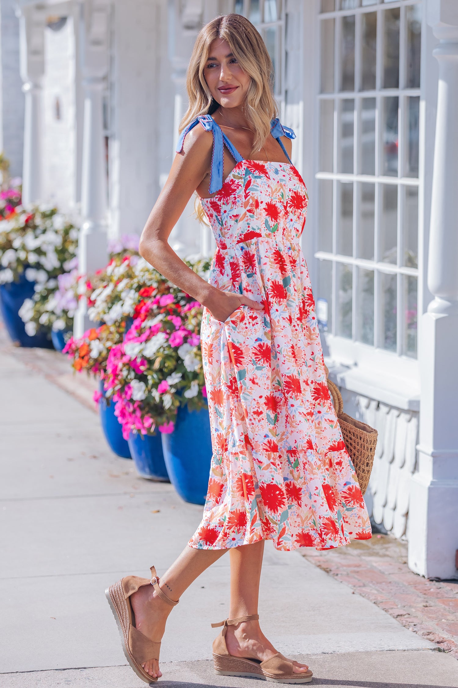 Shop Yellow Floral Print Contrast Stitched Knot Denim Straps High Waist Dress at LivelyLooks