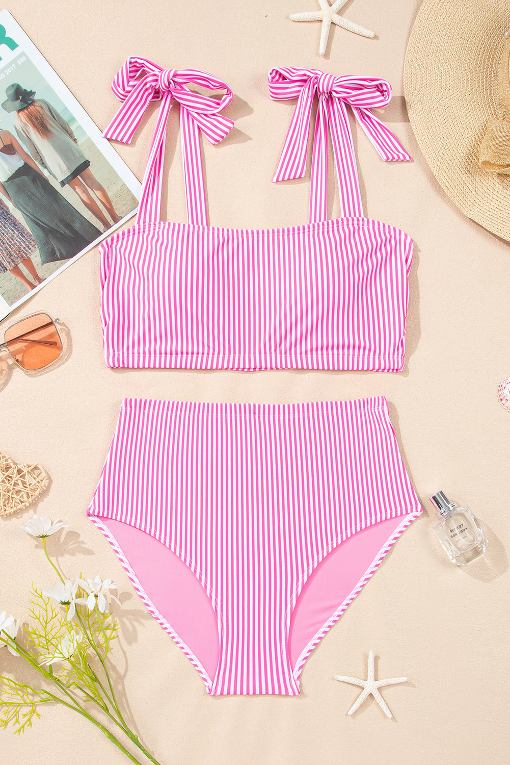 LivelyLooks Pink Stripe Knot Strap High Waist 2-Piece Bikini Set XS-2XL women's fashion