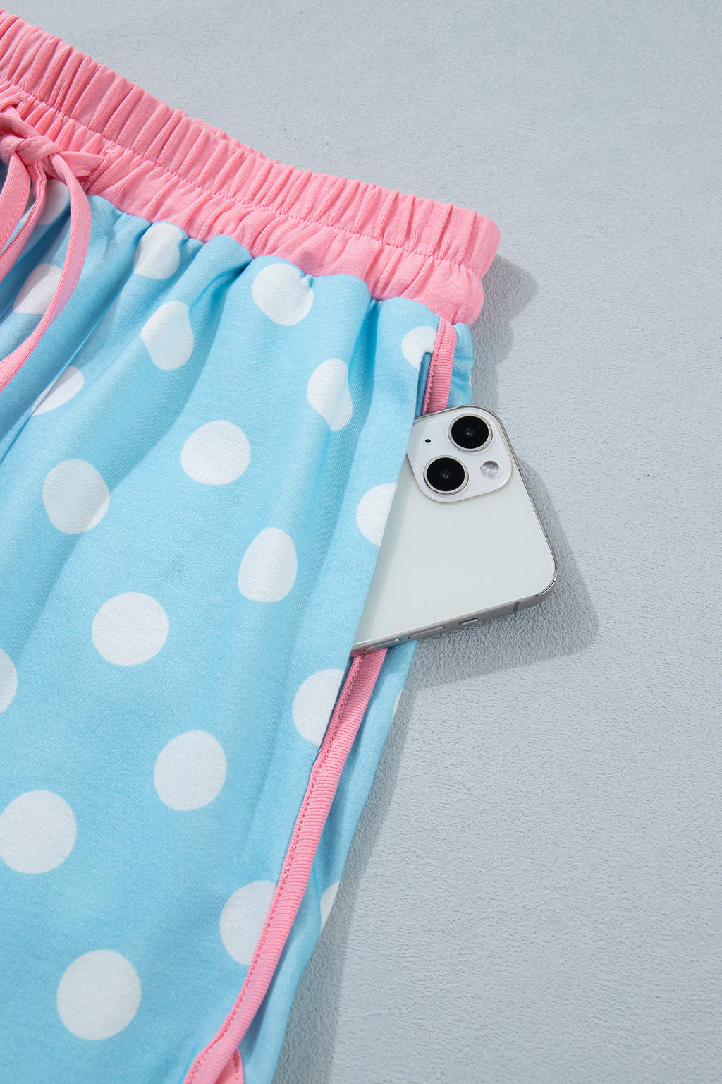 Polka Dot Contrast Edge Casual Short Set Pink Sky Blue Women S-XL