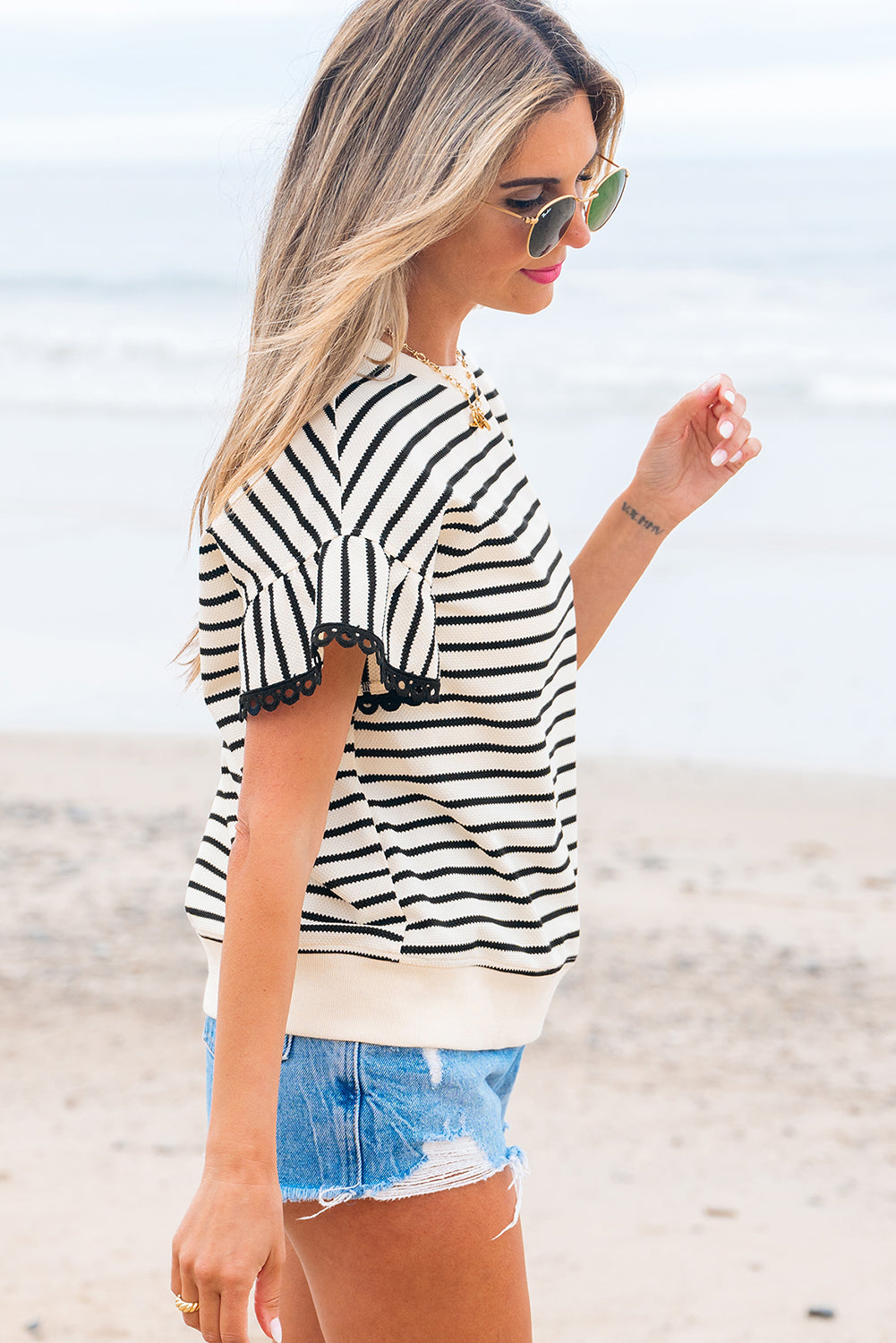 Black Stripe Ruffle Sleeve Crewneck Top | Lace Trim | S-XL