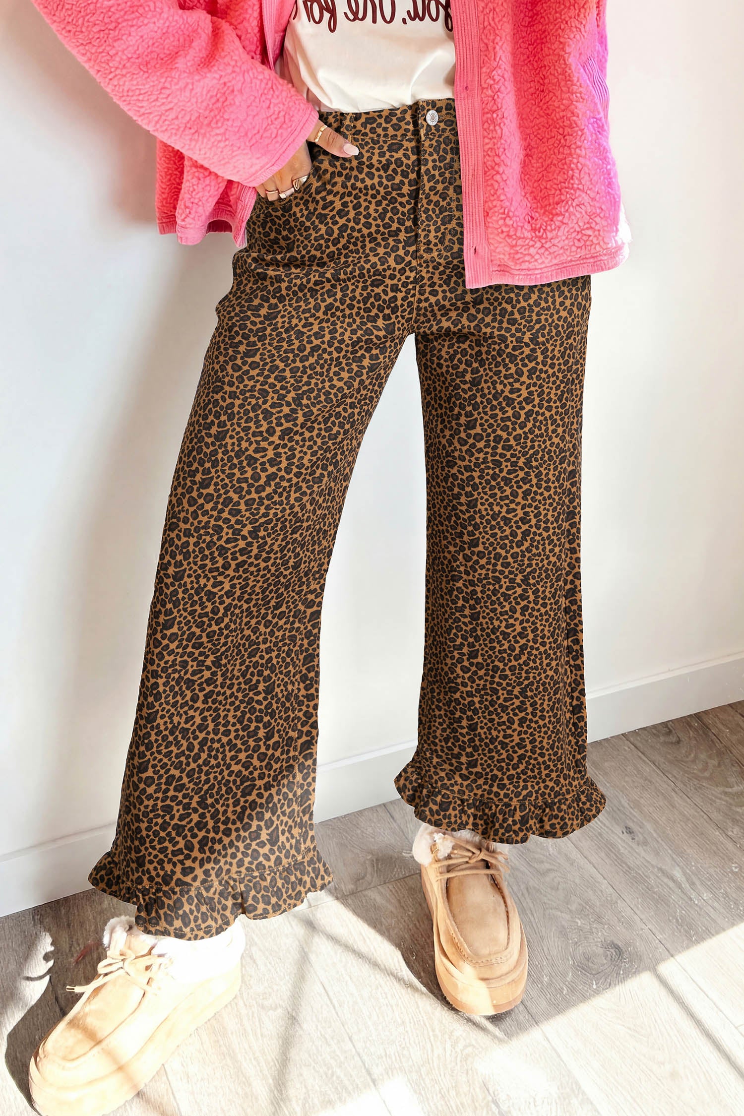 Brown Leopard Print Ruffled Hem Shift Jeans | UK 8–18