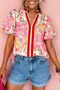 Women's Pink Contrast Collared V Neck Short Sleeve Floral Blouse at LivelyLooks