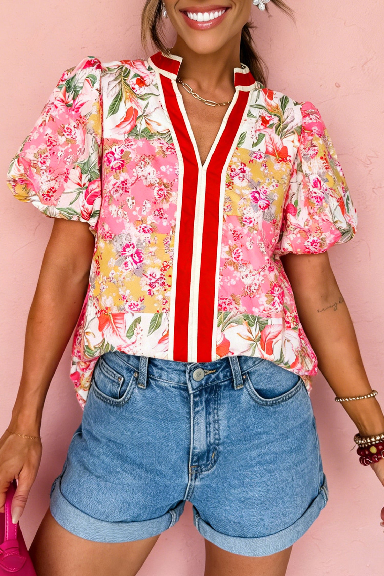 Women's Pink Contrast Collared V Neck Short Sleeve Floral Blouse at LivelyLooks