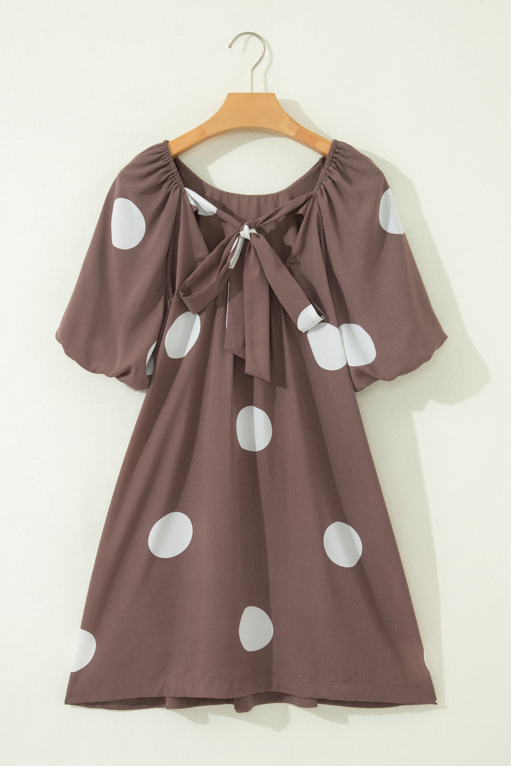 Shop Brown Polka Dot Puff Sleeve Mini Dress Knot Back Loose Fit UK 8-22 at LivelyLooks