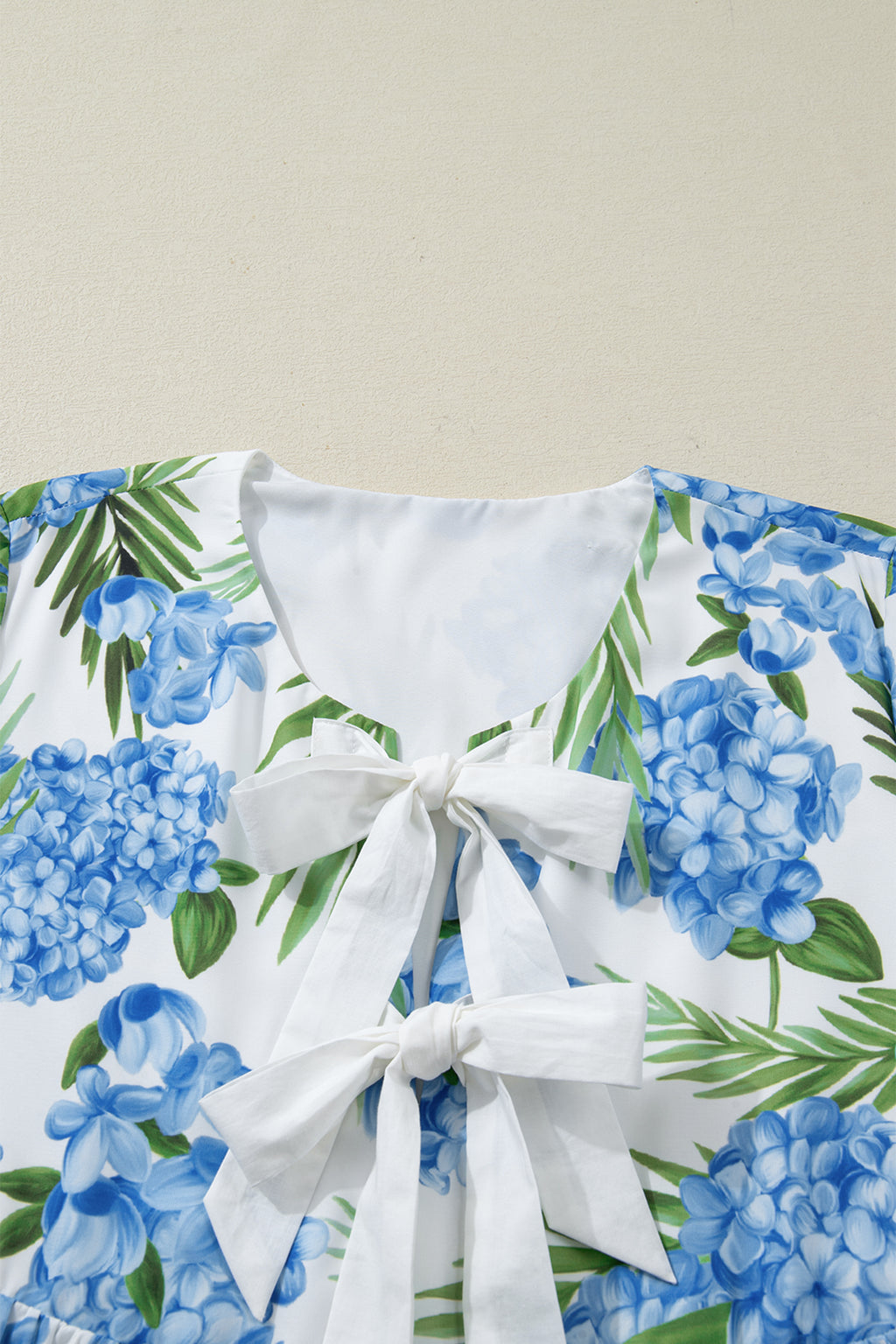 Sky Blue Palm Floral Print Contrast Ribbon Knot Ruffle Sleeve Mini Dress | UK 8–22