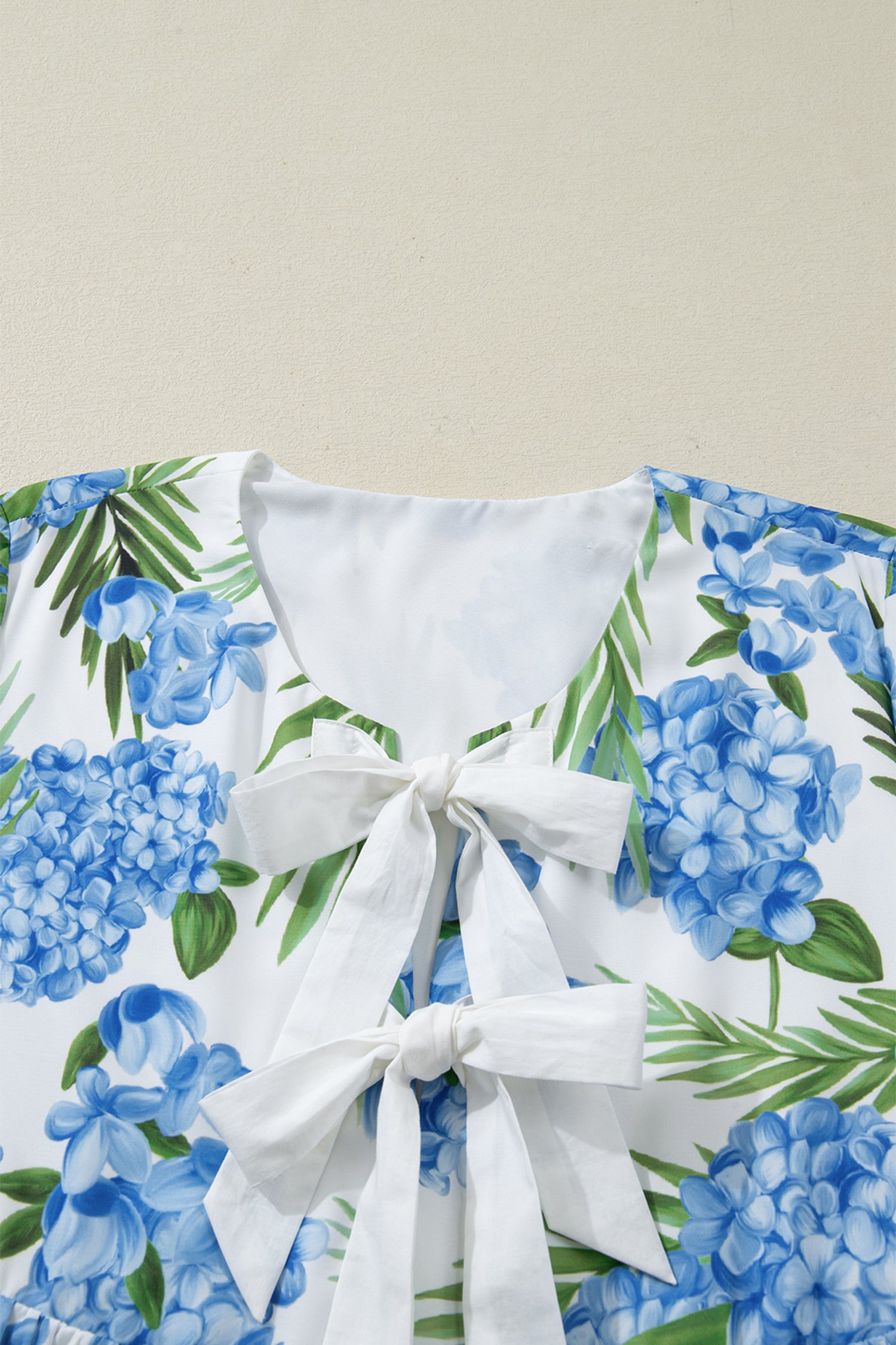Sky Blue Palm Floral Print Contrast Ribbon Knot Ruffle Sleeve Mini Dress | UK 8–22