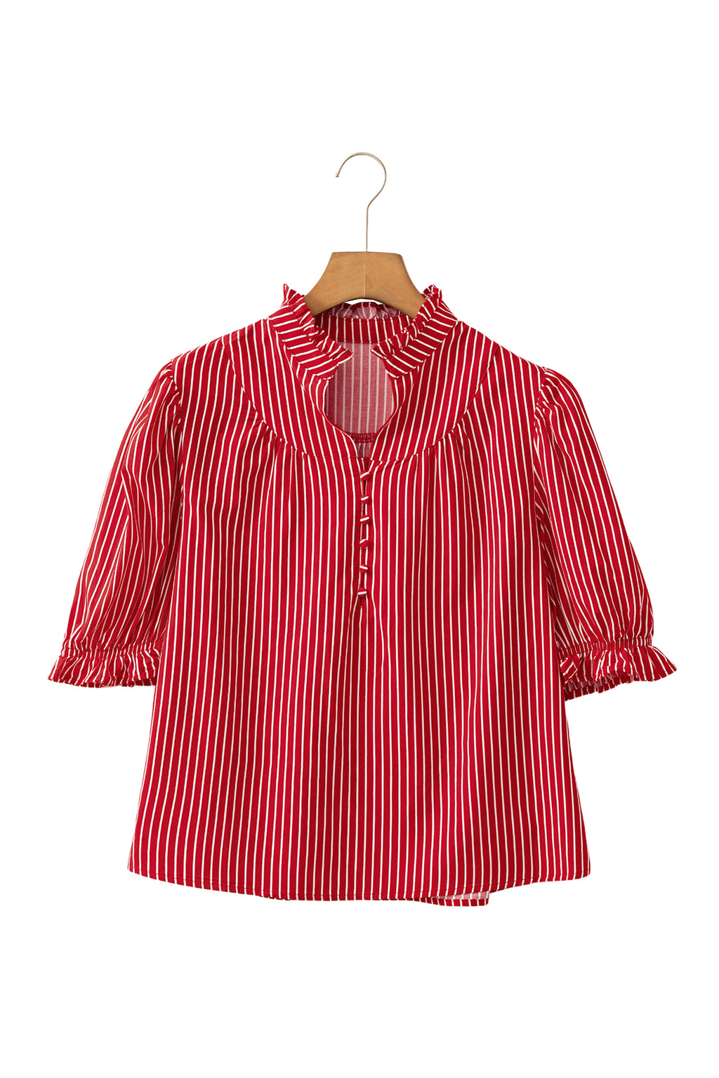 Red Stripe Ruffled Blouse Short Puff Sleeve Button Front Gathered Collar S-XL