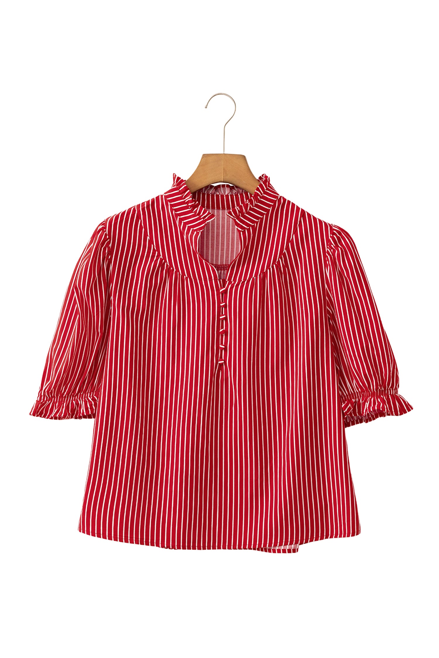 Red Stripe Ruffled Blouse Short Puff Sleeve Button Front Gathered Collar S-XL