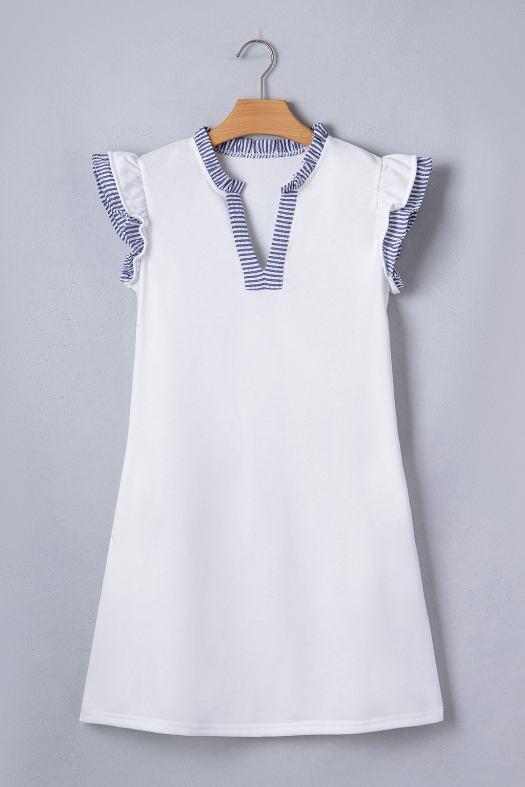 Shop White Stripe Patchwork Split Neck Ruffle Trim Sleeveless Mini Dress at LivelyLooks