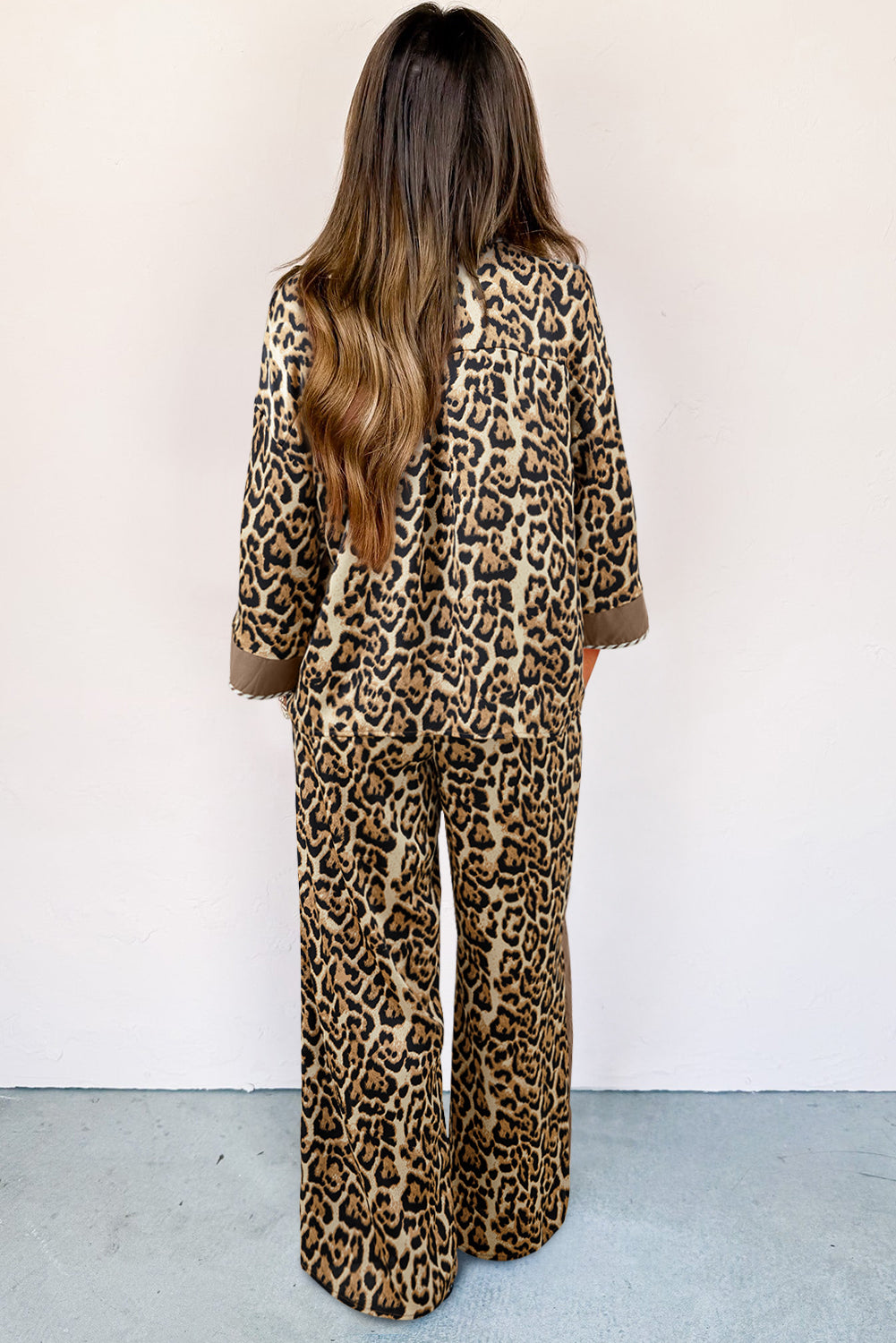 Brown Leopard Collared 3/4 Sleeve Shirt & Loose Pants Two Piece Set | UK 8–22