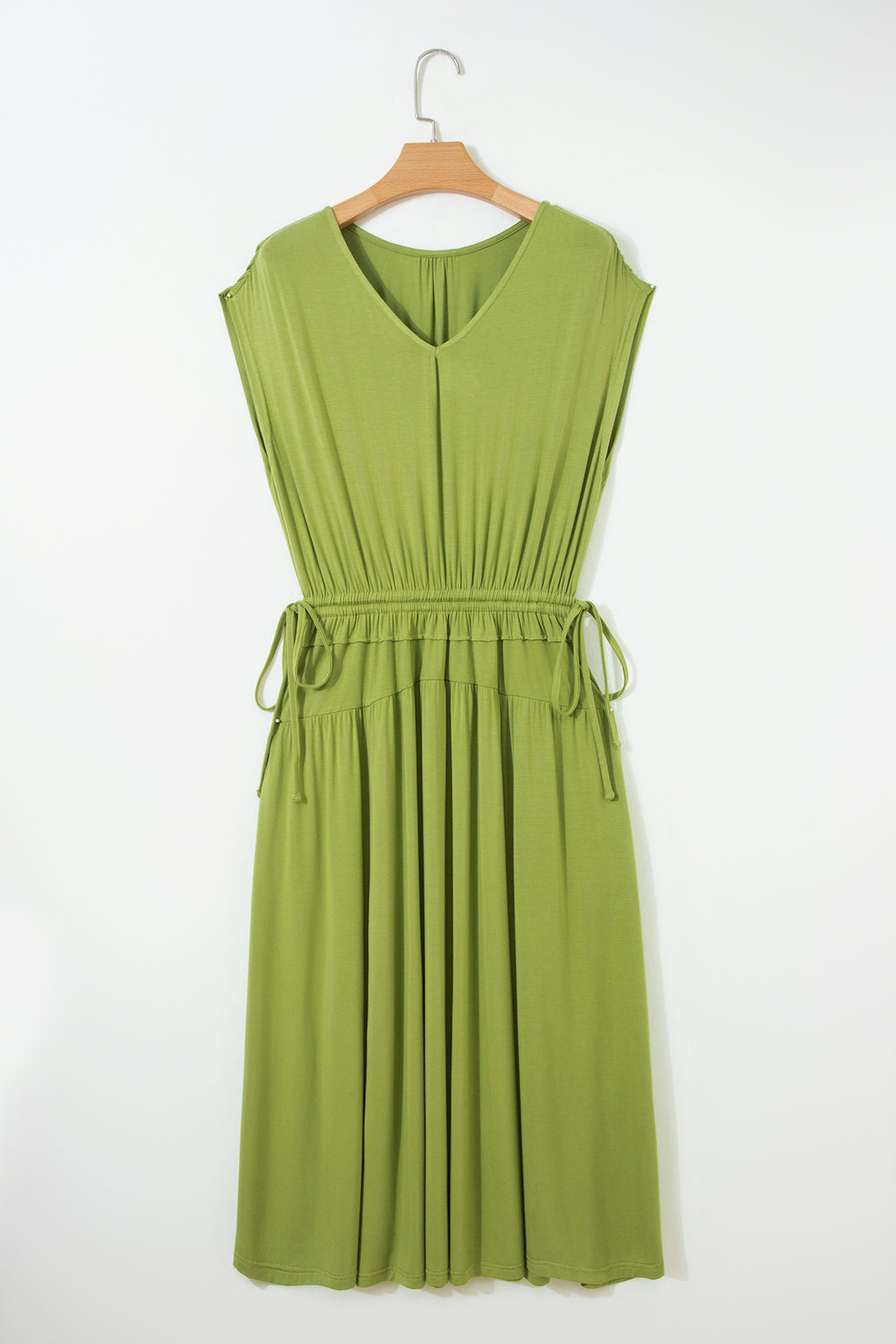 Fern Green V Neck Cap Sleeve Elastic Waist Tunic Maxi Dress S-XL