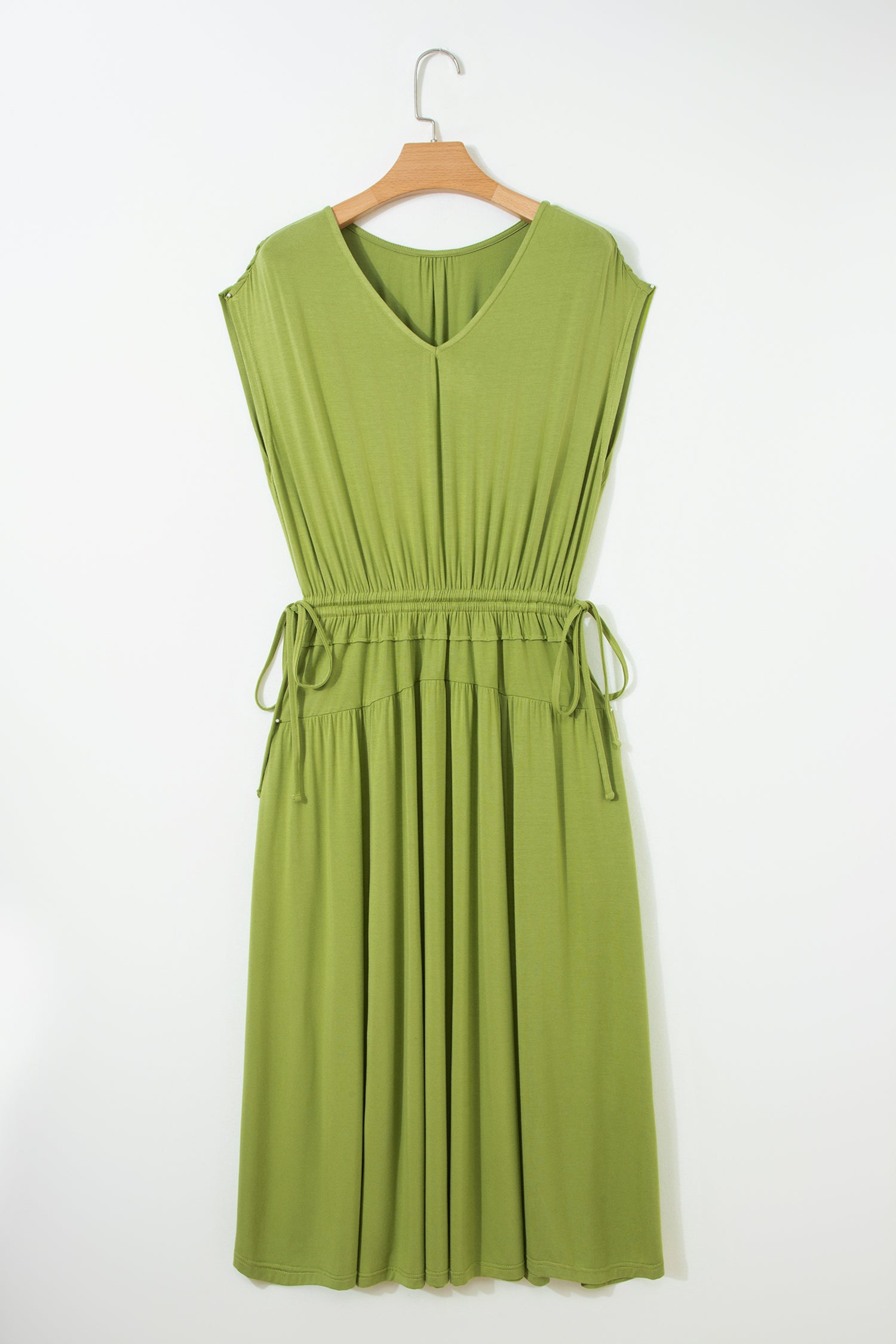 Fern Green V Neck Cap Sleeve Elastic Waist Tunic Maxi Dress S-XL