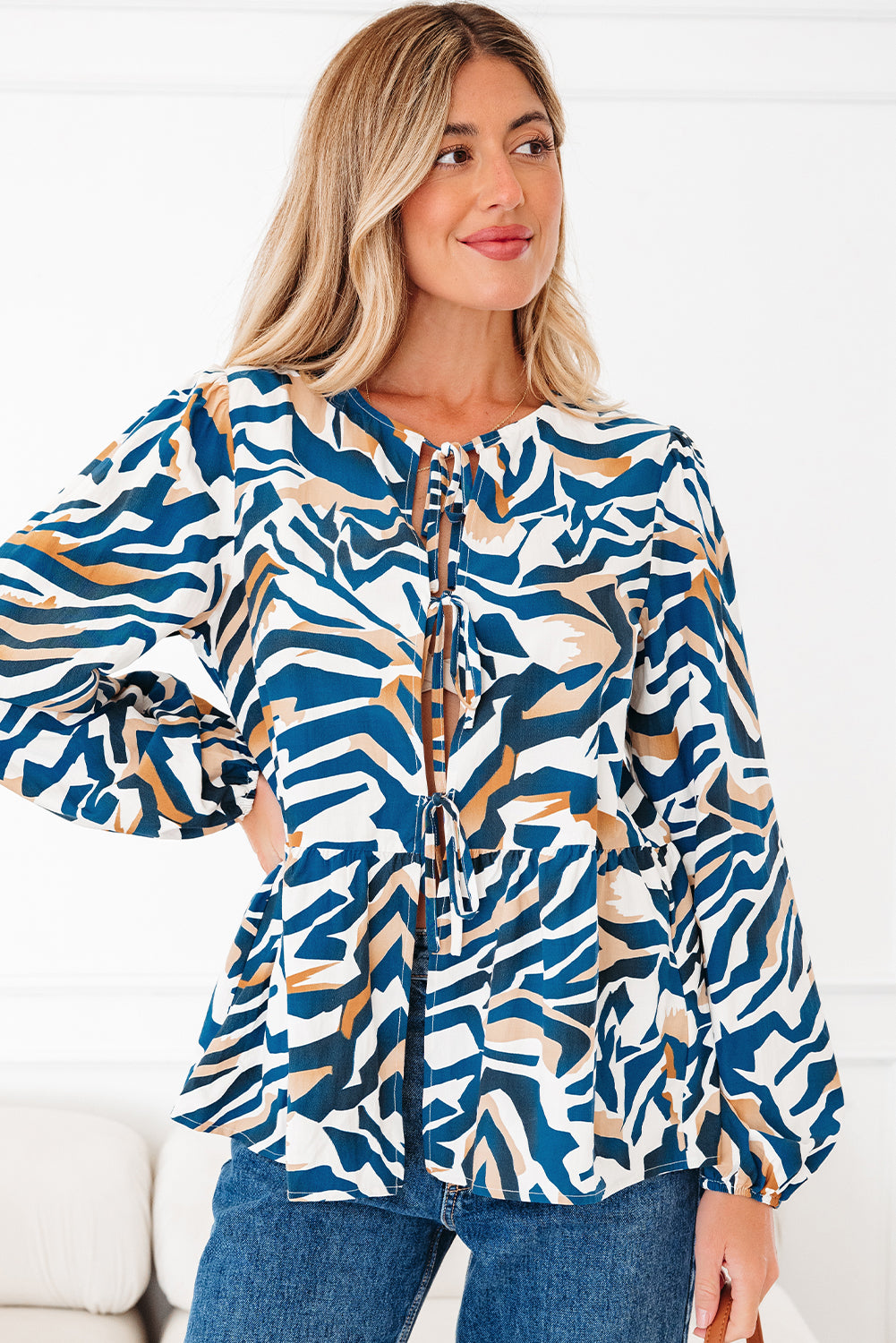 Blue Zebra Print Puff Sleeve Top Tied Front Women S-XL