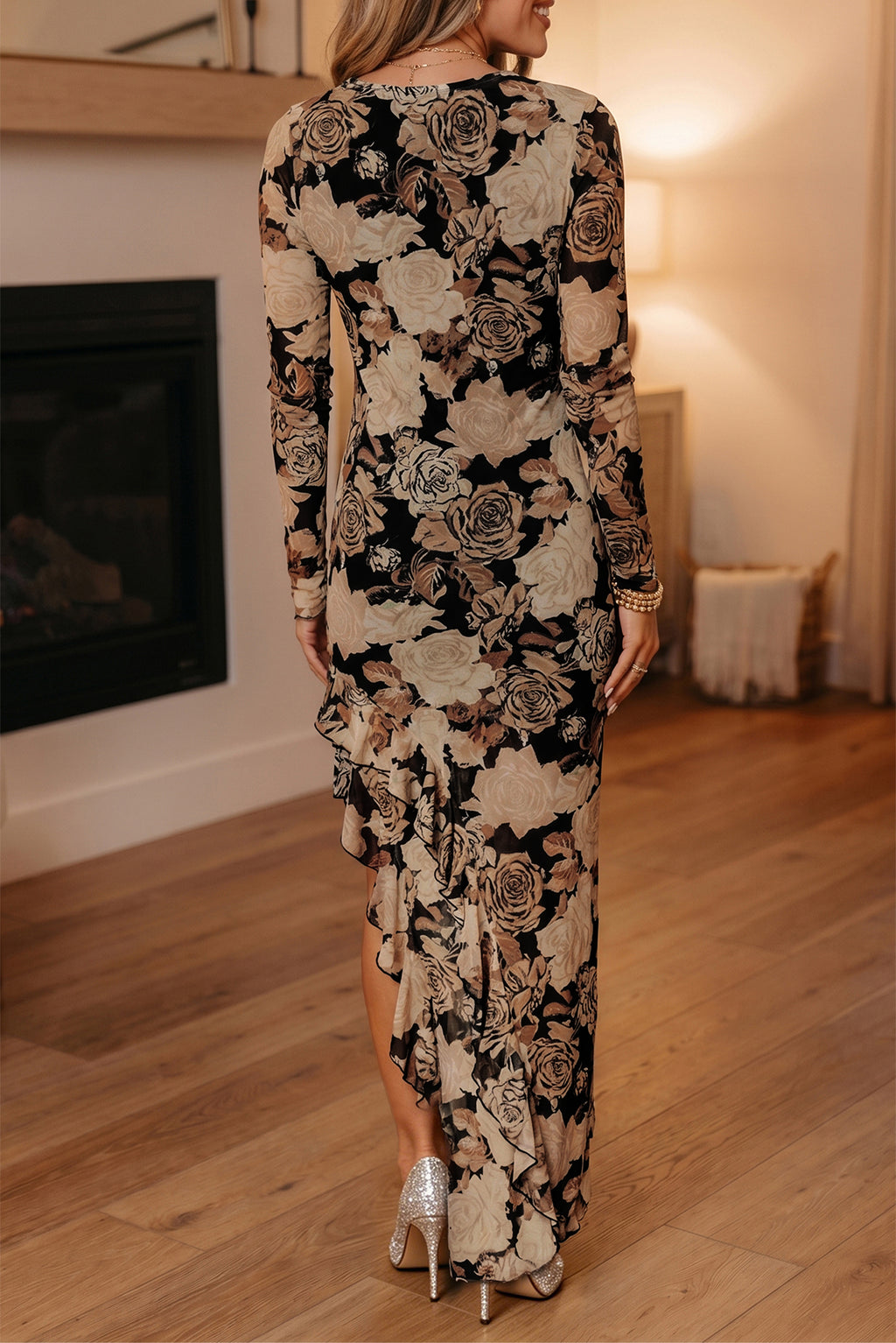Black Floral Long Sleeve Asymmetric Ruffle Split Hem Mesh Dress | UK 8–16