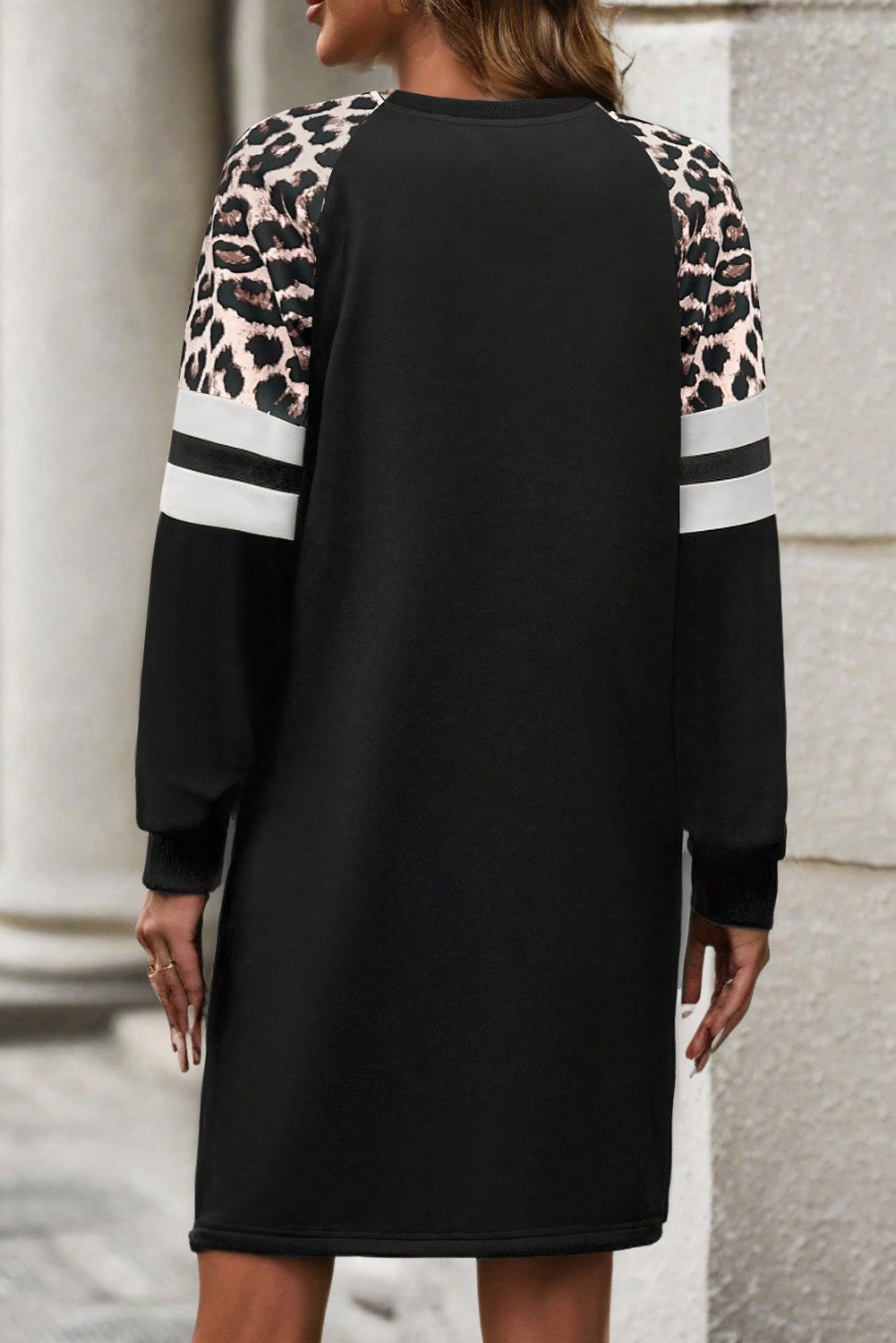 Women's Black Leopard Print Patchwork Varsity Raglan Sleeve Sweatshirt Dress at LivelyLooks