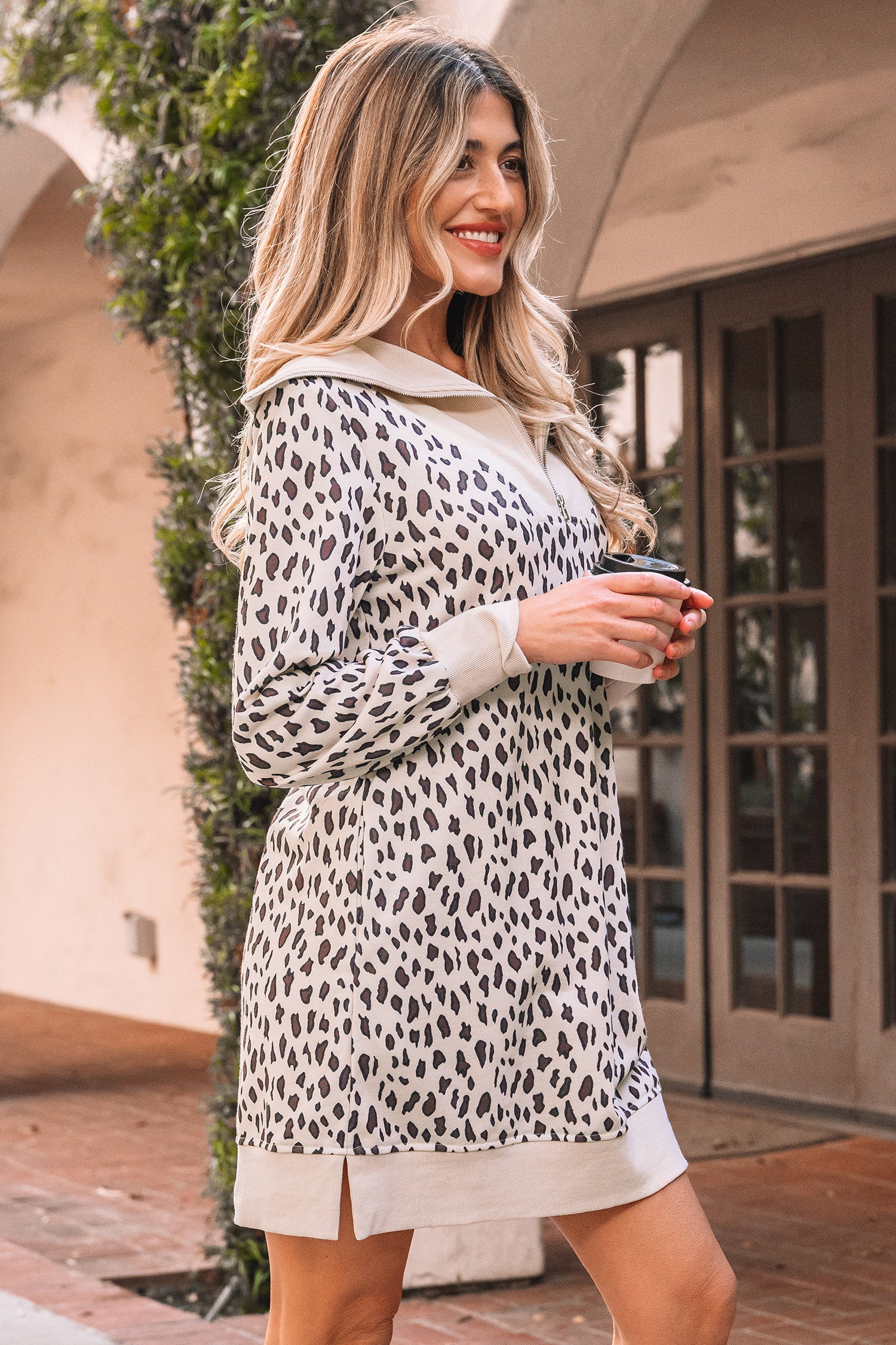 Women's Khaki Leopard Print Zip up Collar Patchwork Shift Mini Dress at LivelyLooks