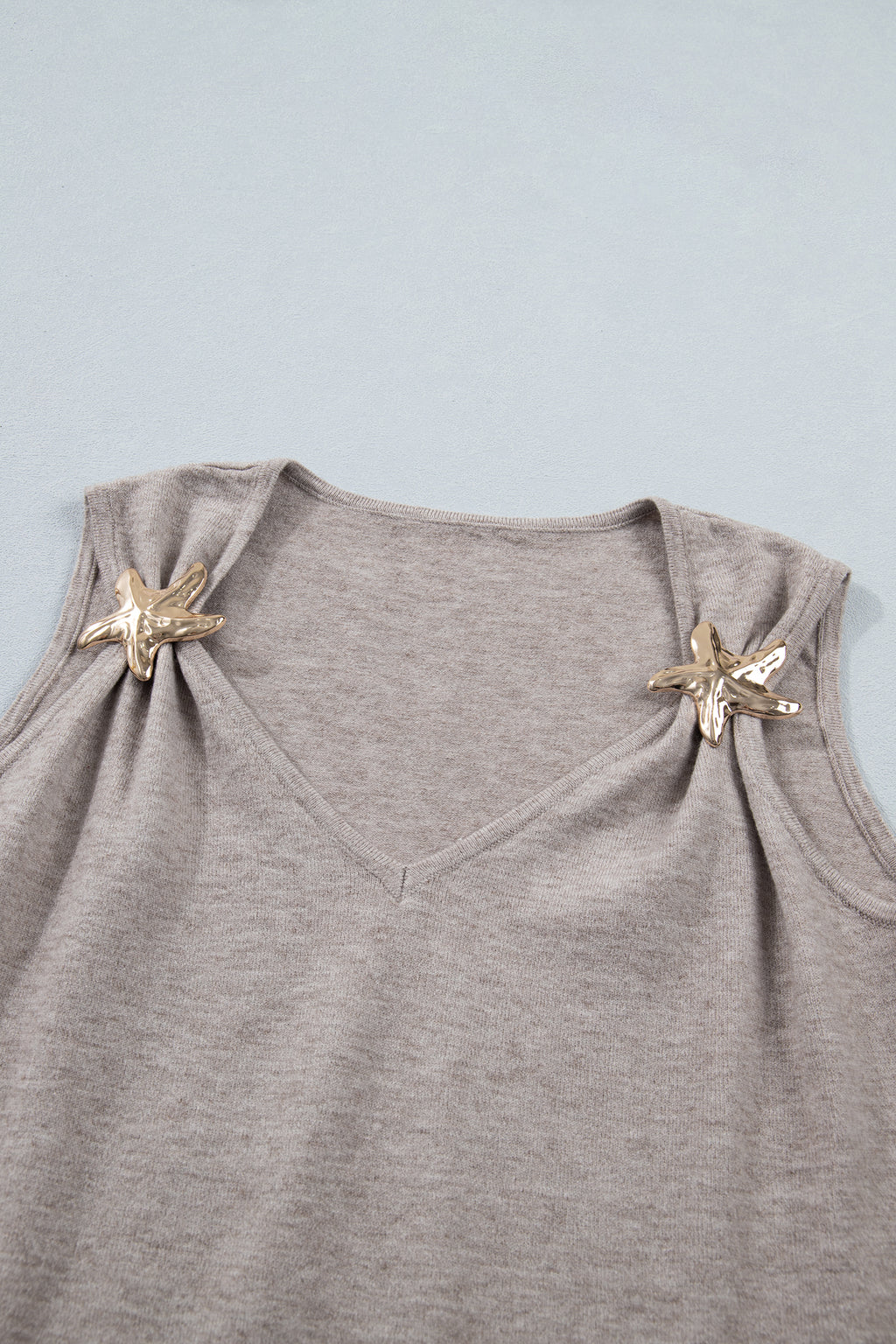 LivelyLooks Gray Morn Metal Star Detail V Neck Sweater Knit Tank Top women's fashion