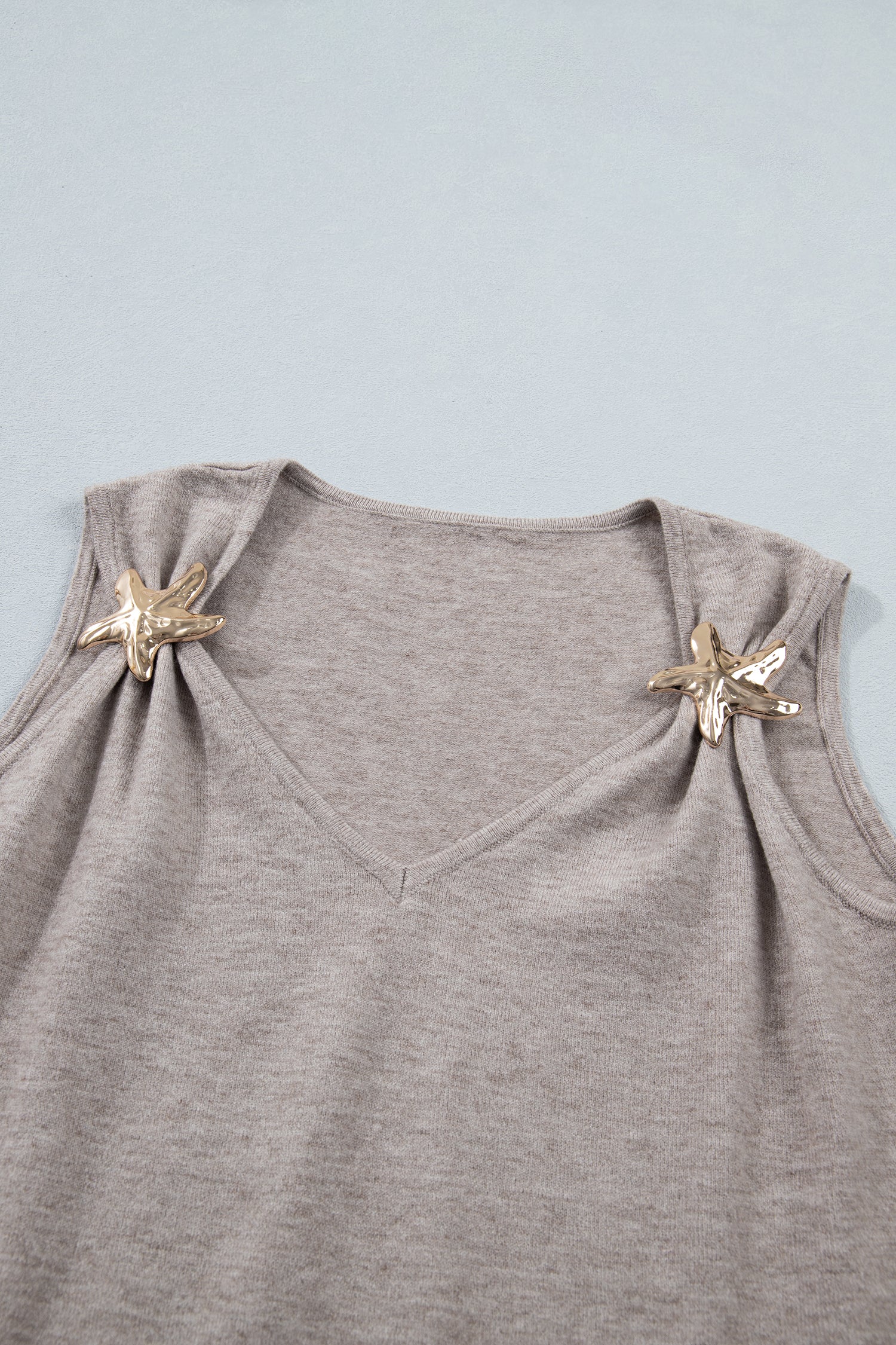 LivelyLooks Gray Morn Metal Star Detail V Neck Sweater Knit Tank Top women's fashion
