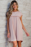 Beige & Mint Green Frilled Trim Crew Neck Loose Mini Dress S-XL