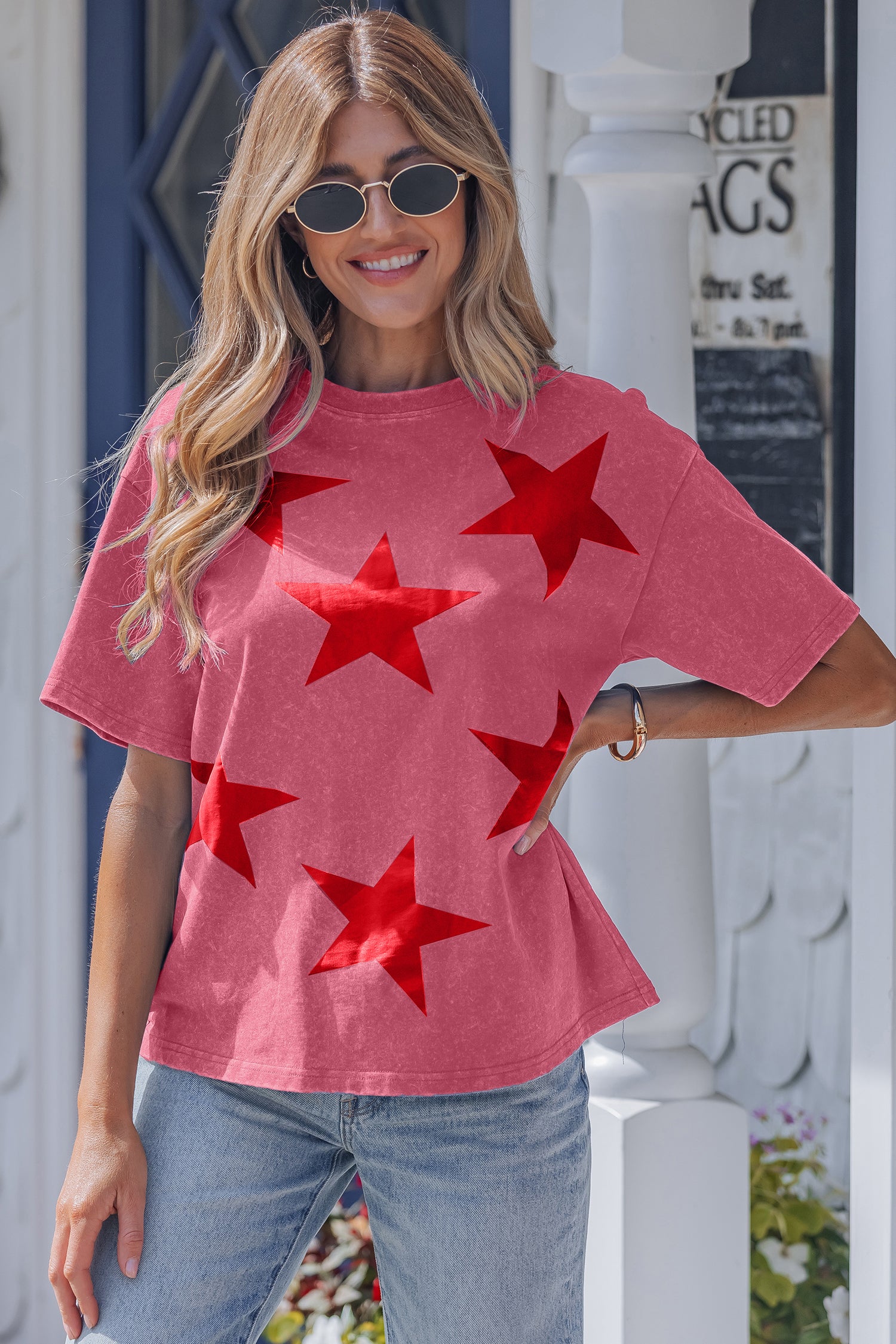 Shop Red Independence Day Star Printed Mineral Wash T Shirt at LivelyLooks