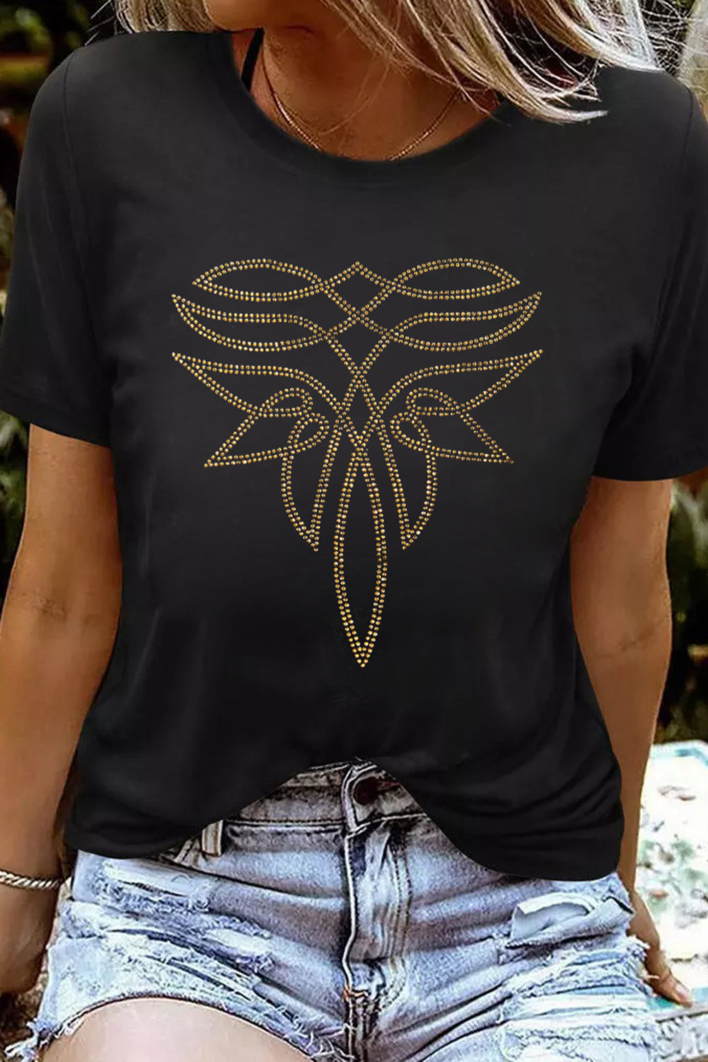 Shop Black Rhinestone Western Pattern Graphic T-Shirt S-3XL at LivelyLooks