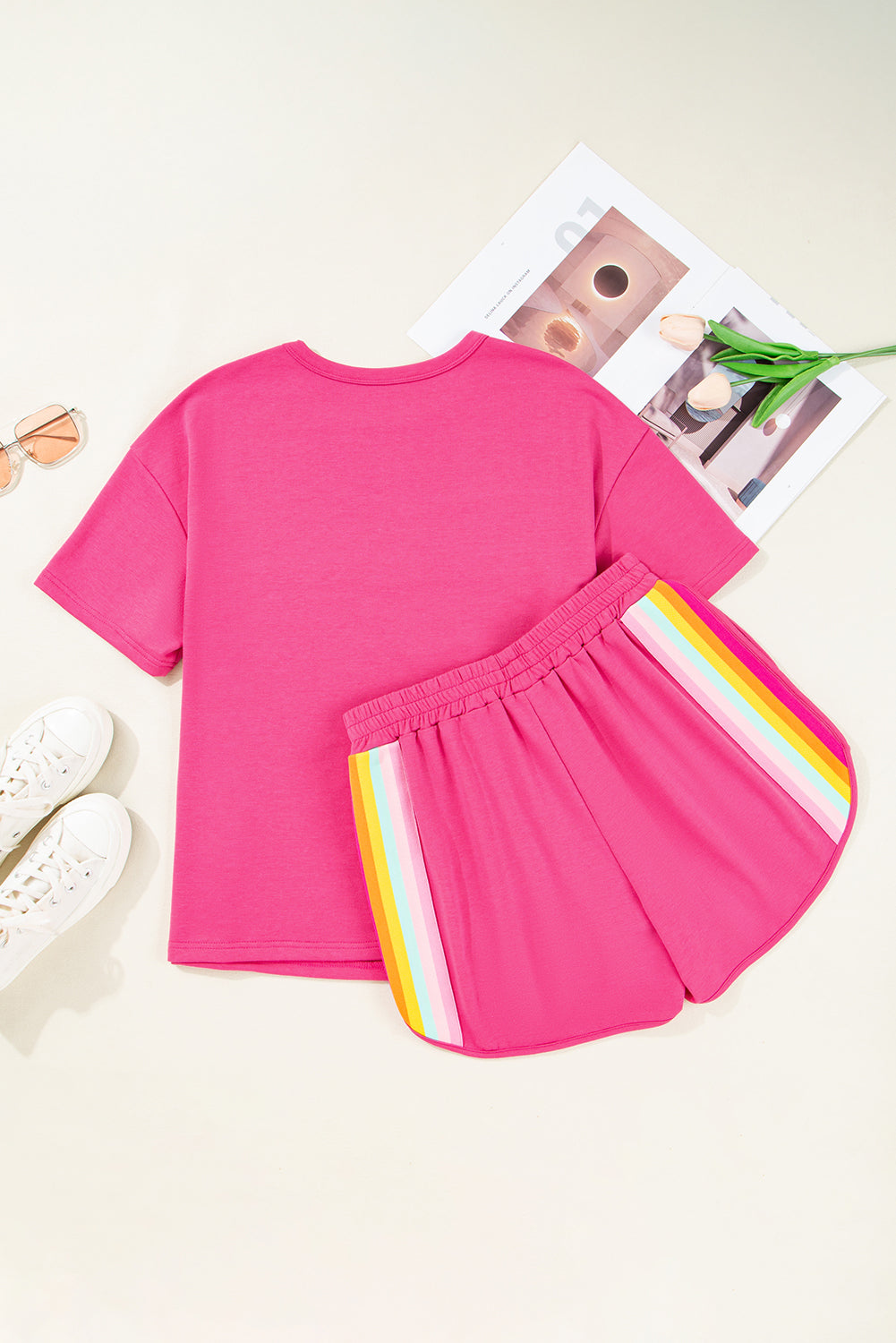 Vibrant Striped Athleisure Short Set | Rose Red & Beige