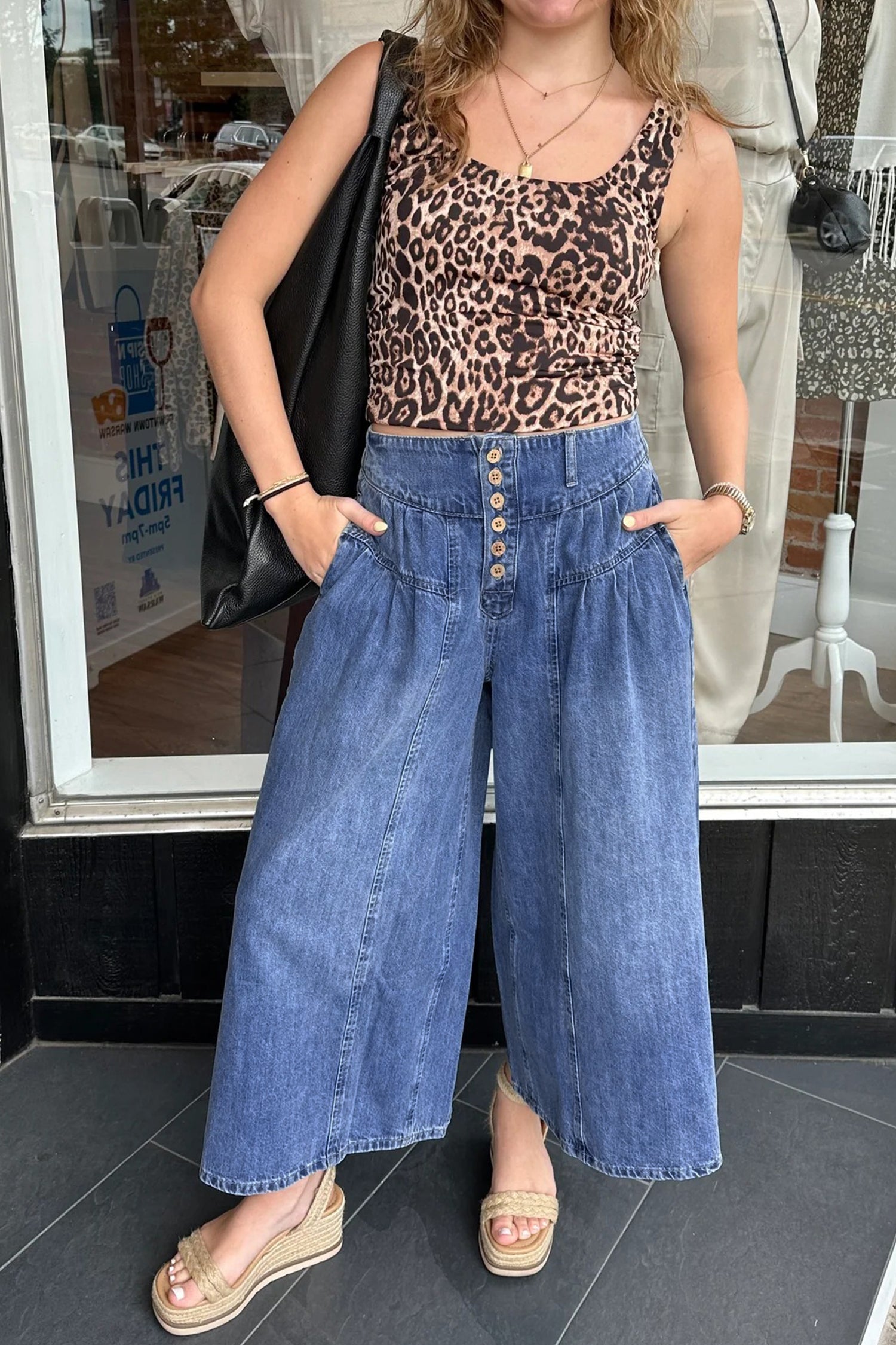 Dusk Blue High Rise Buttons Pleated Cropped Wide Leg Denim Pants | UK 8–18