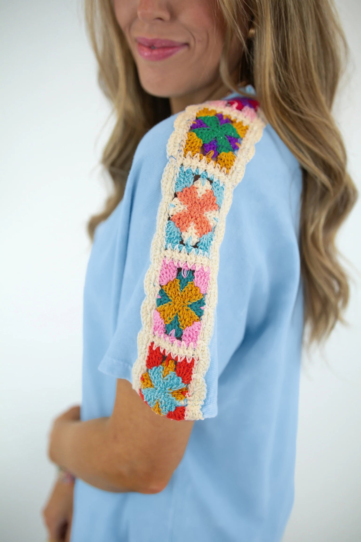 Mist Blue Granny Square Crochet Detail Top & Shorts 2pcs Set
