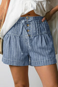 Sky Blue Stripe Denim Shorts Drawstring Button Pleated High Waist Women UK 4-16