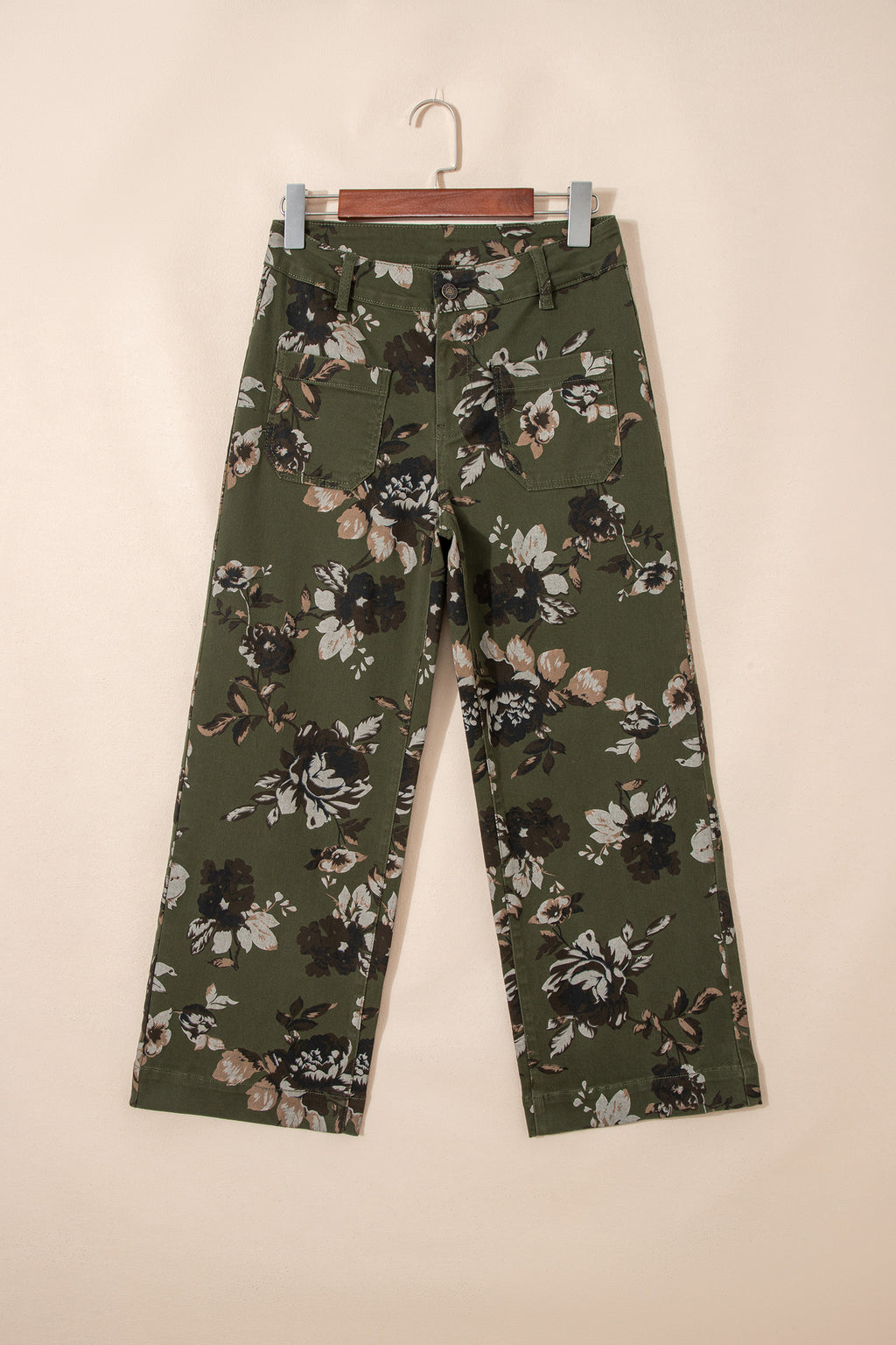 Green Vintage Floral Print Shift Jeans Square Patch Pocket Raw Hem UK 4-16