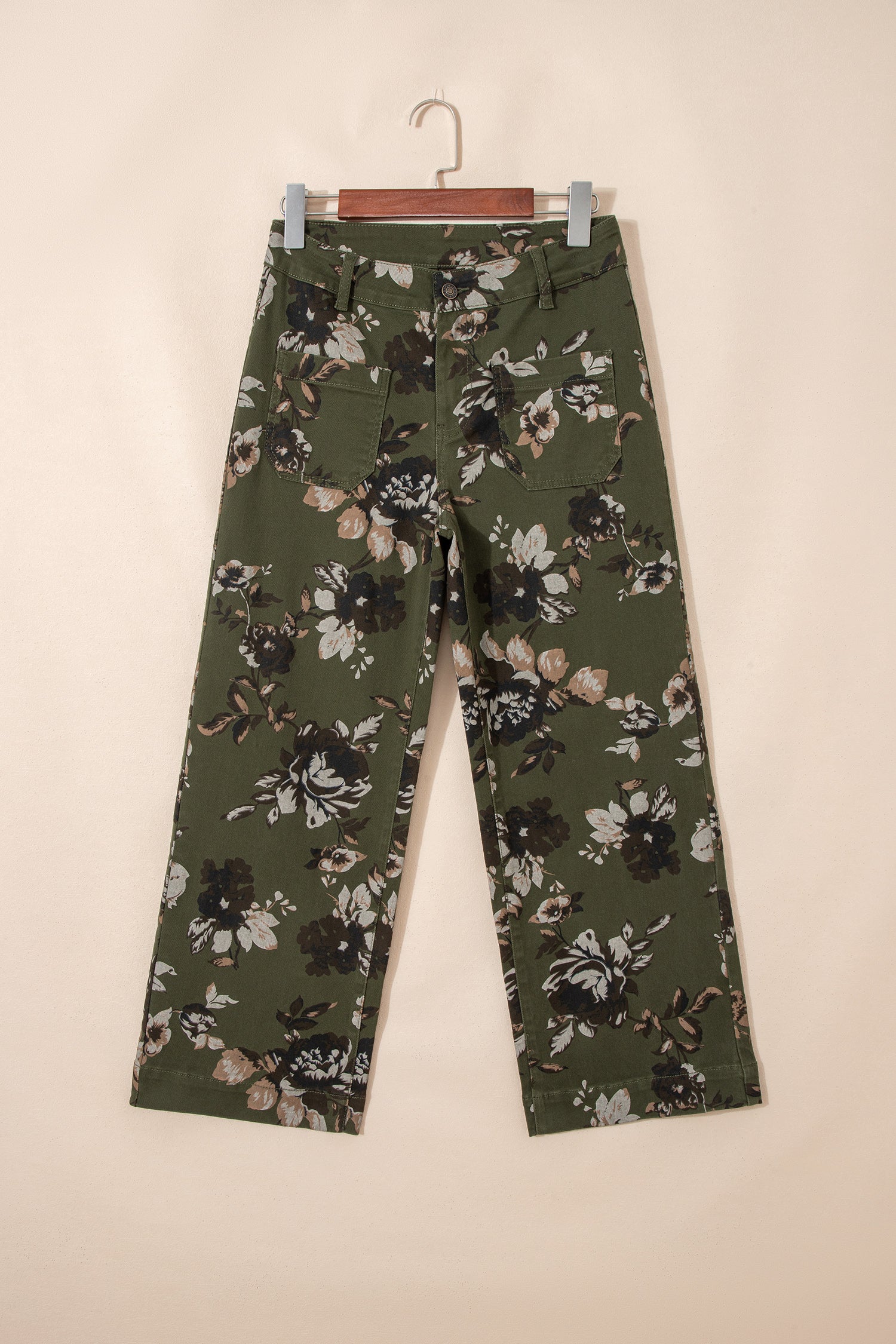 Green Vintage Floral Print Shift Jeans Square Patch Pocket Raw Hem UK 4-16