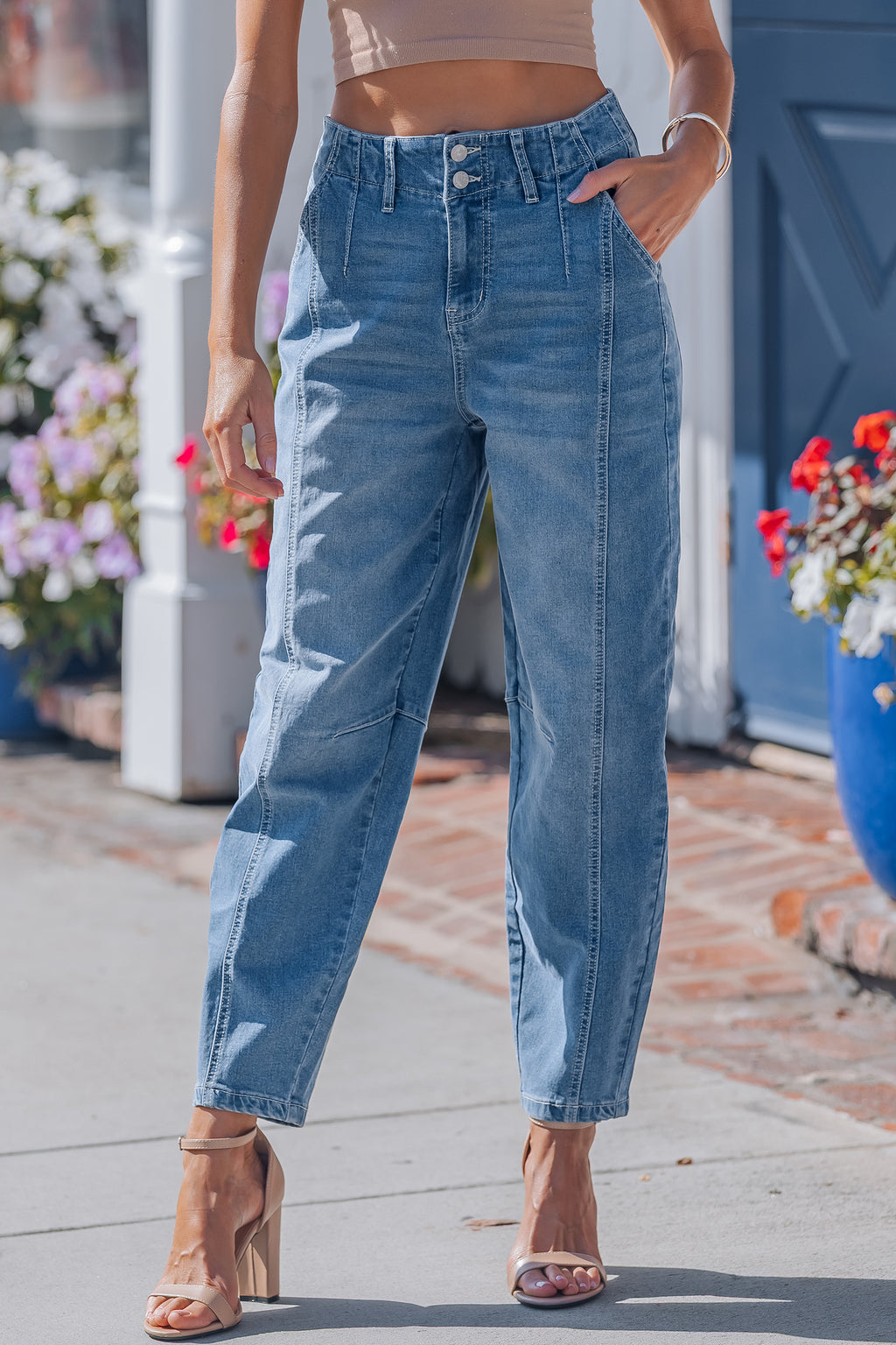 Shop Blue Medium Wash Cuffed Barrel Leg Jeans Mid-Rise Denim UK 4-16 at LivelyLooks