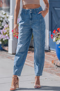 Shop Blue Medium Wash Cuffed Barrel Leg Jeans Mid-Rise Denim UK 4-16 at LivelyLooks