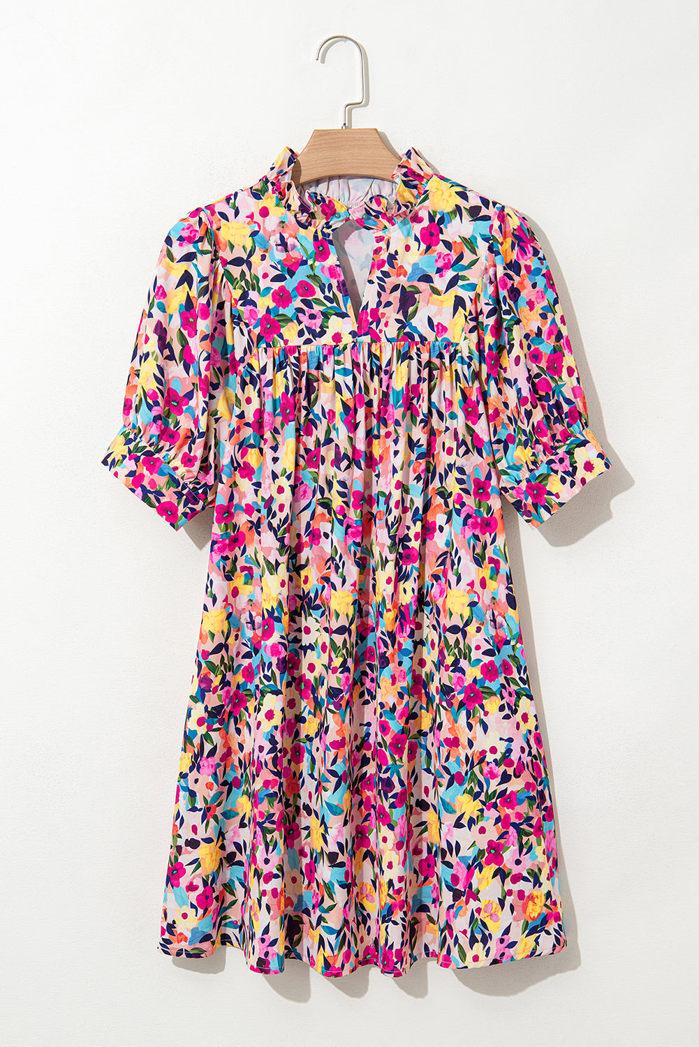 Pink Floral Puff Sleeve V Neck Mini Dress S-XL