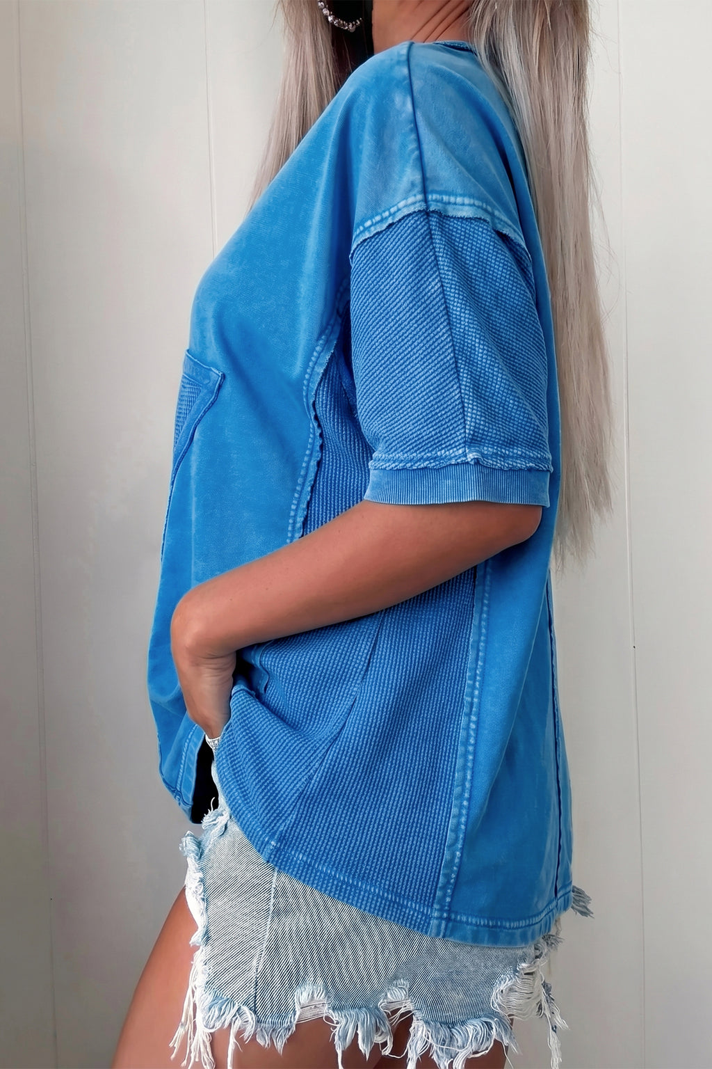 Blue Mineral Wash Star Mesh Patchwork Oversized Tee