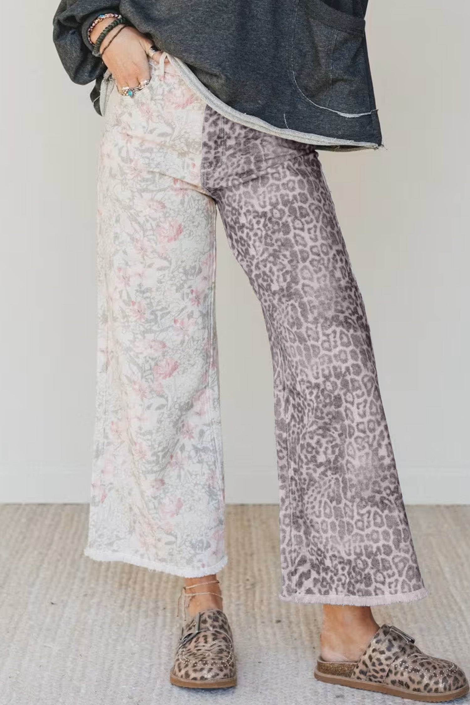 Women's Multicolour Retro Floral Leopard Contrast Patchwork Raw Hem Jeans at LivelyLooks
