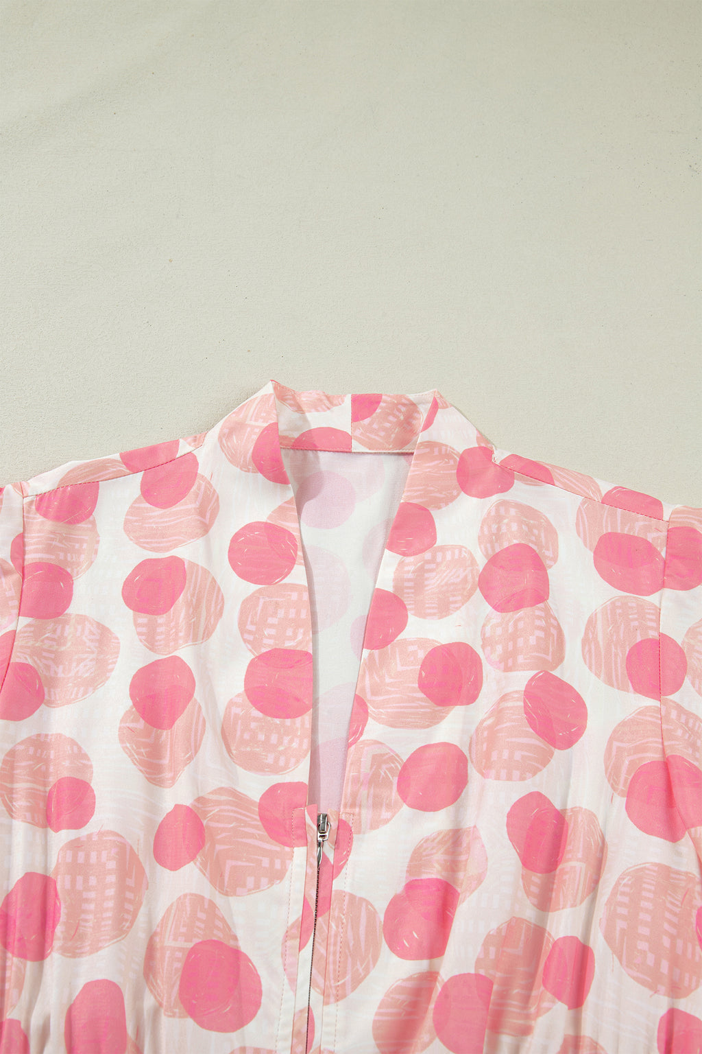 Women's Pink Polka Dot Ruffle Short Sleeve Zip-Up Maxi Dress at LivelyLooks