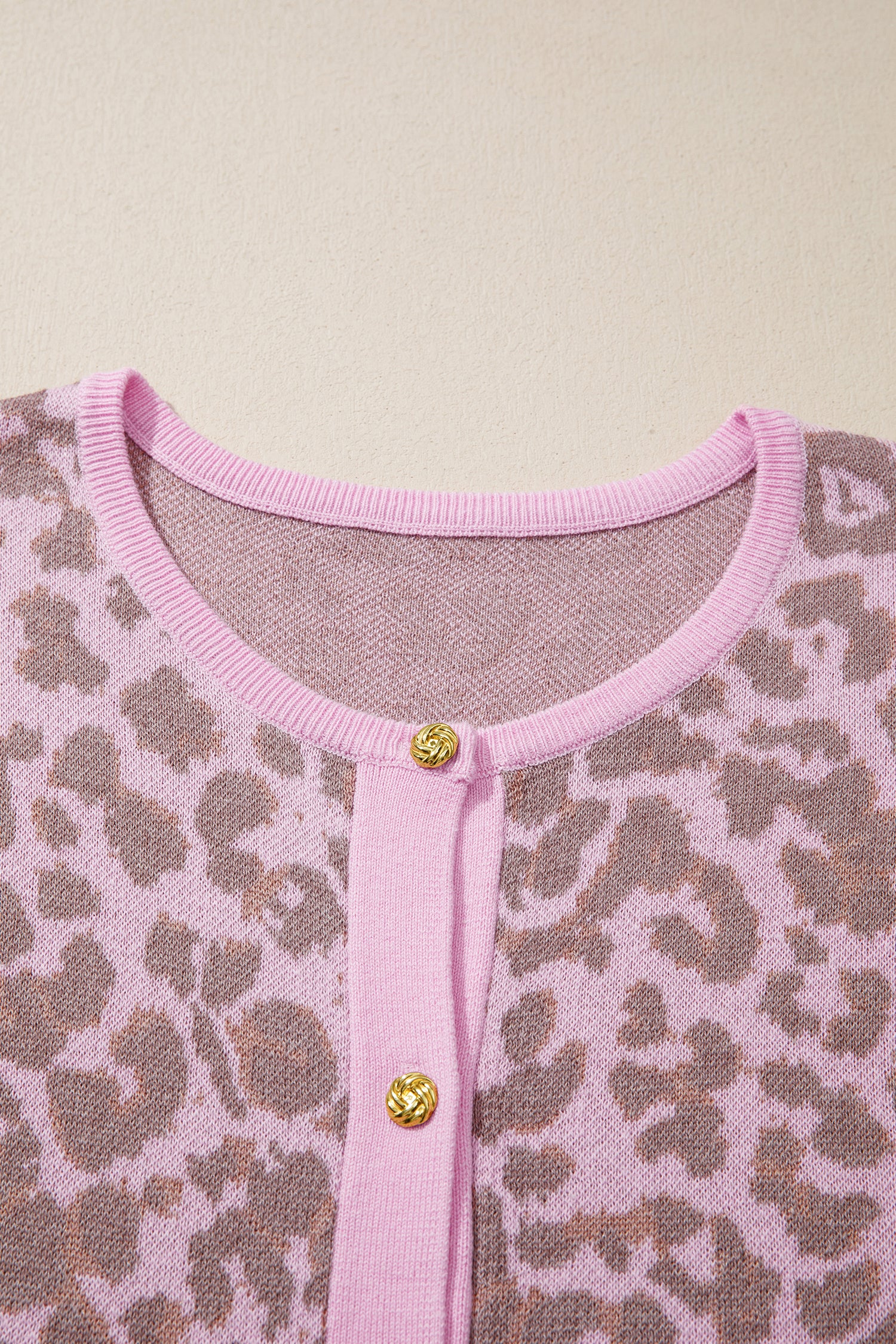 Pink Leopard Print Sweater Cardigan Button Down Short Sleeve Women S-XL