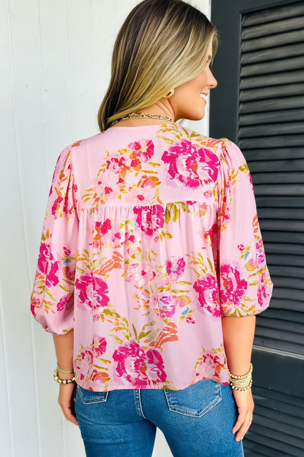 LivelyLooks Pink Floral Print Tie Neck Puffy Half Sleeve Blouse women's fashion