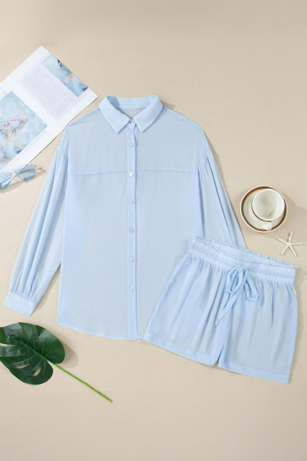 Women's Women Sheer Tunic Shirt Drawstring Shorts 2 Piece Swim Cover Up Set Blue Black S-XL at LivelyLooks