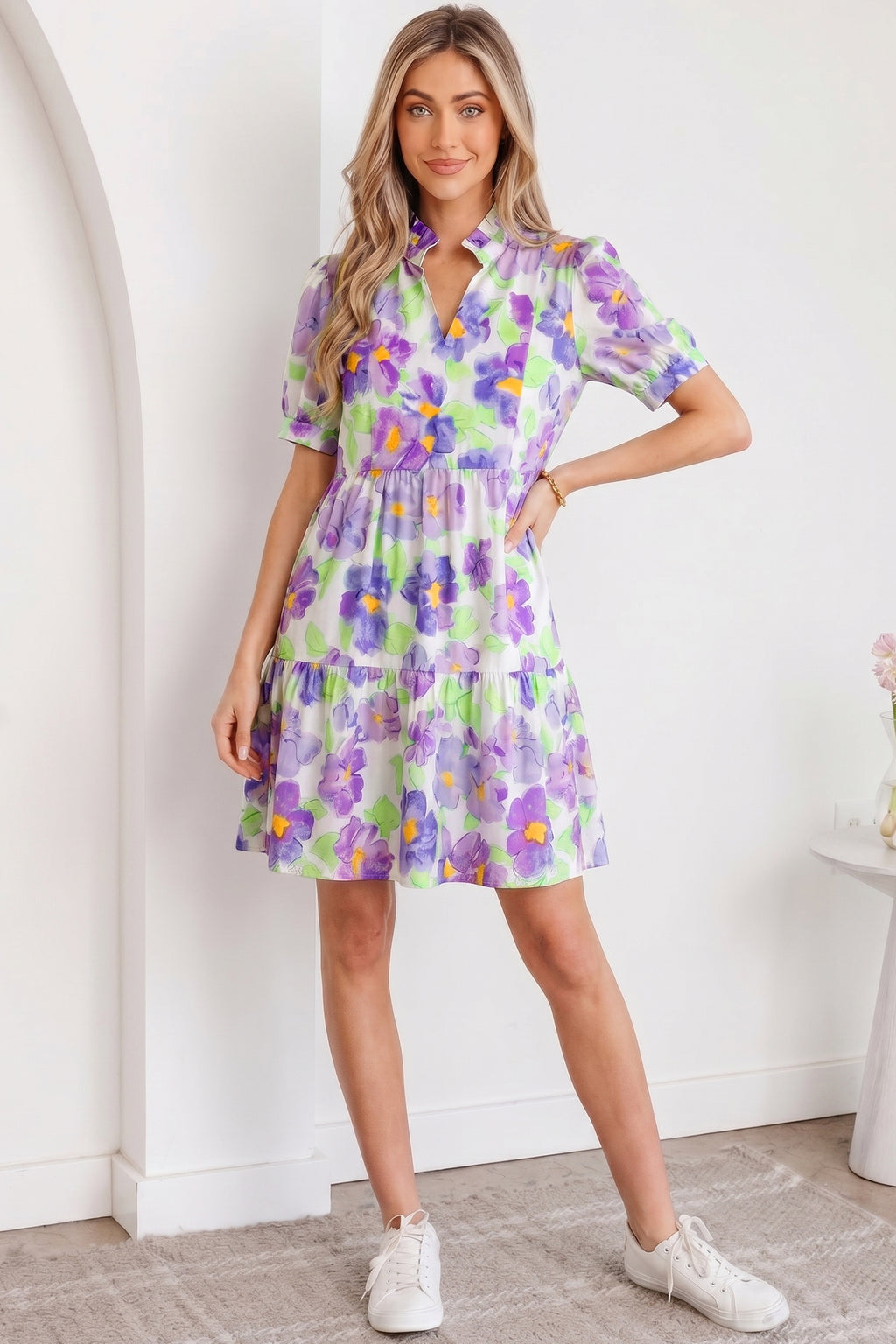Purple Floral V Collar Short Sleeve Tiered Ruffle Mini Dress S-XL
